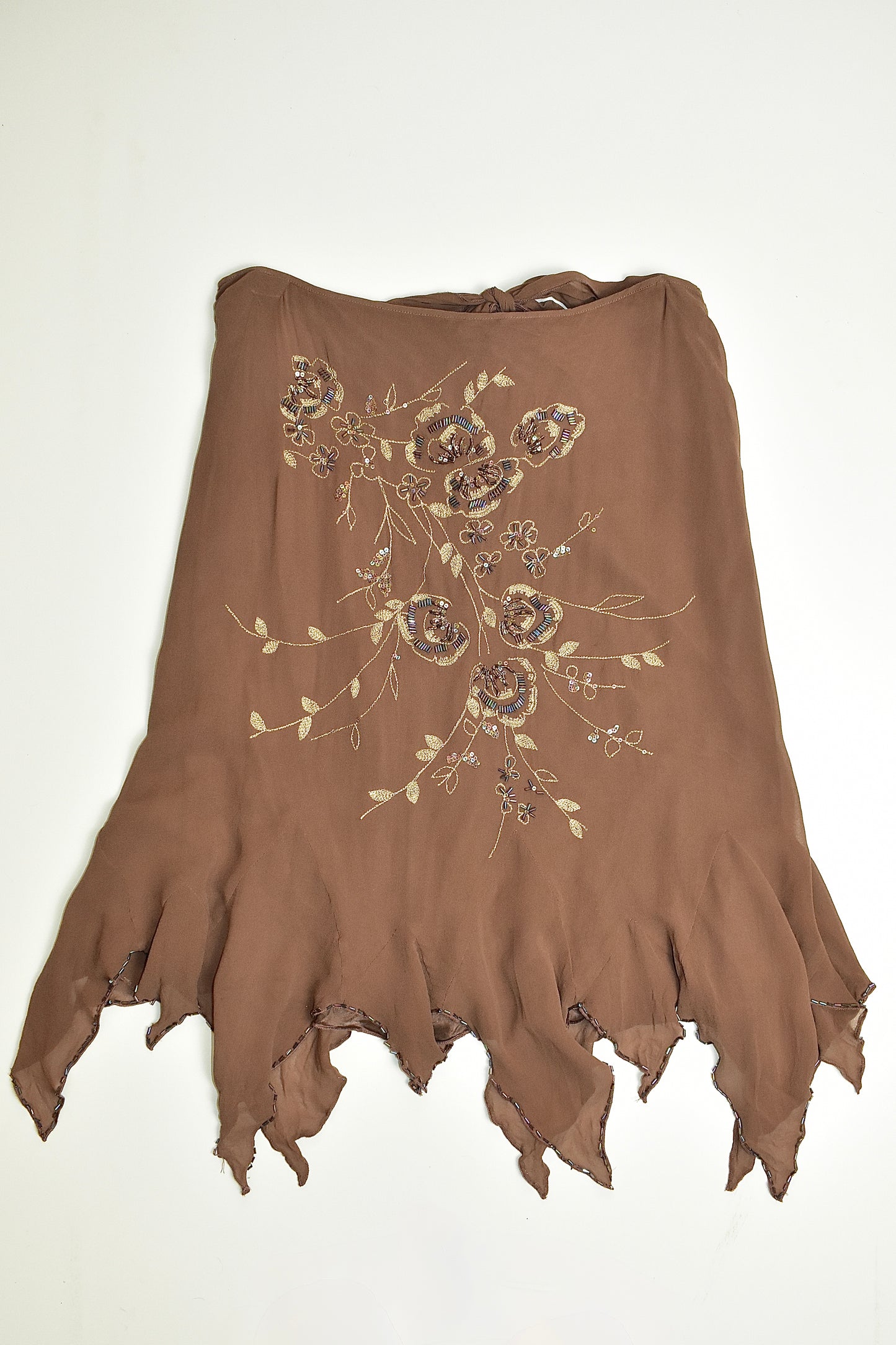 BEBE SILK TAUPE BEADED TIE MIDI SKIRT / MEDIUM