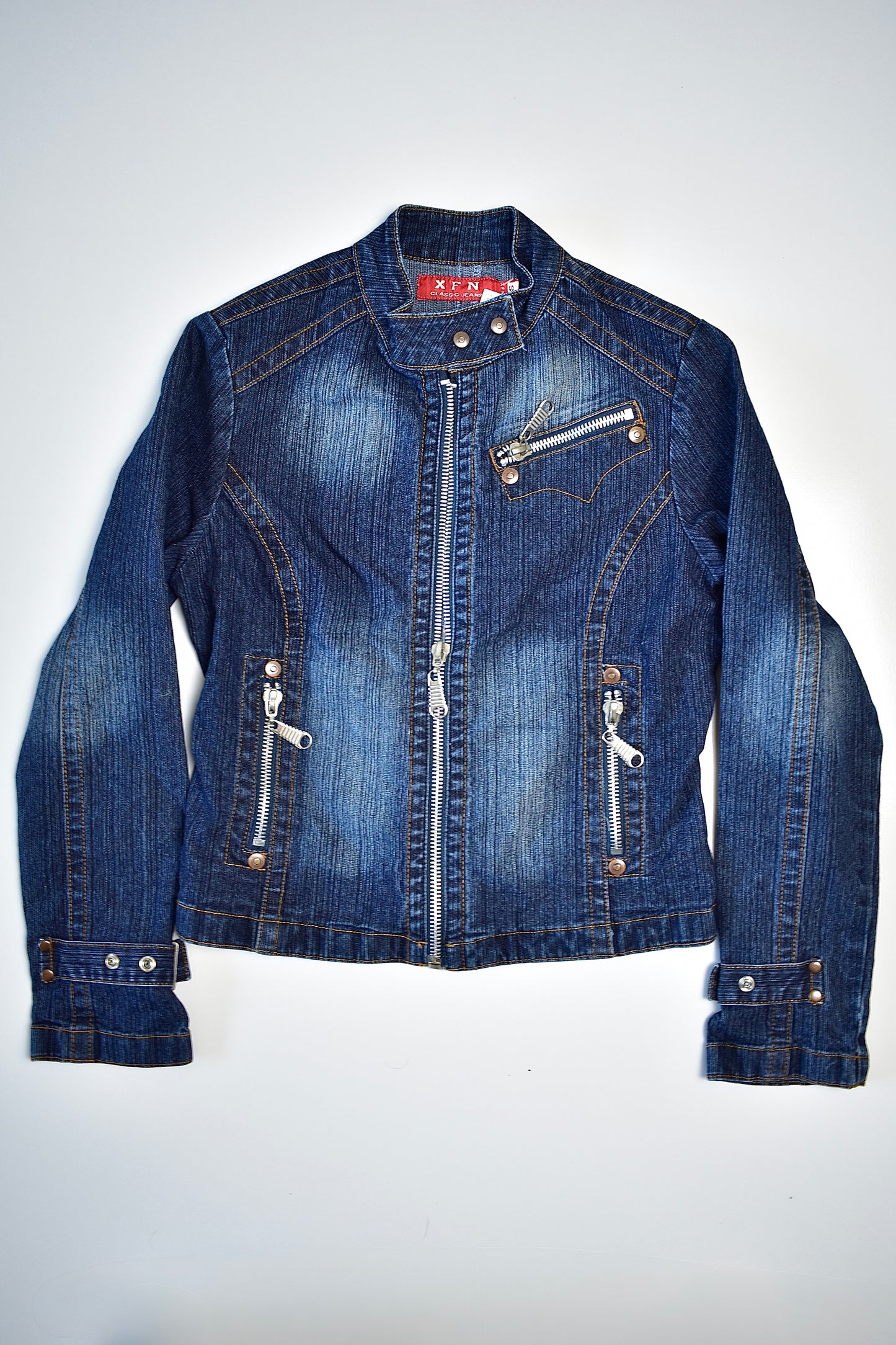 XFN STONE WASH DENIM MOTO JACKET / SMALL
