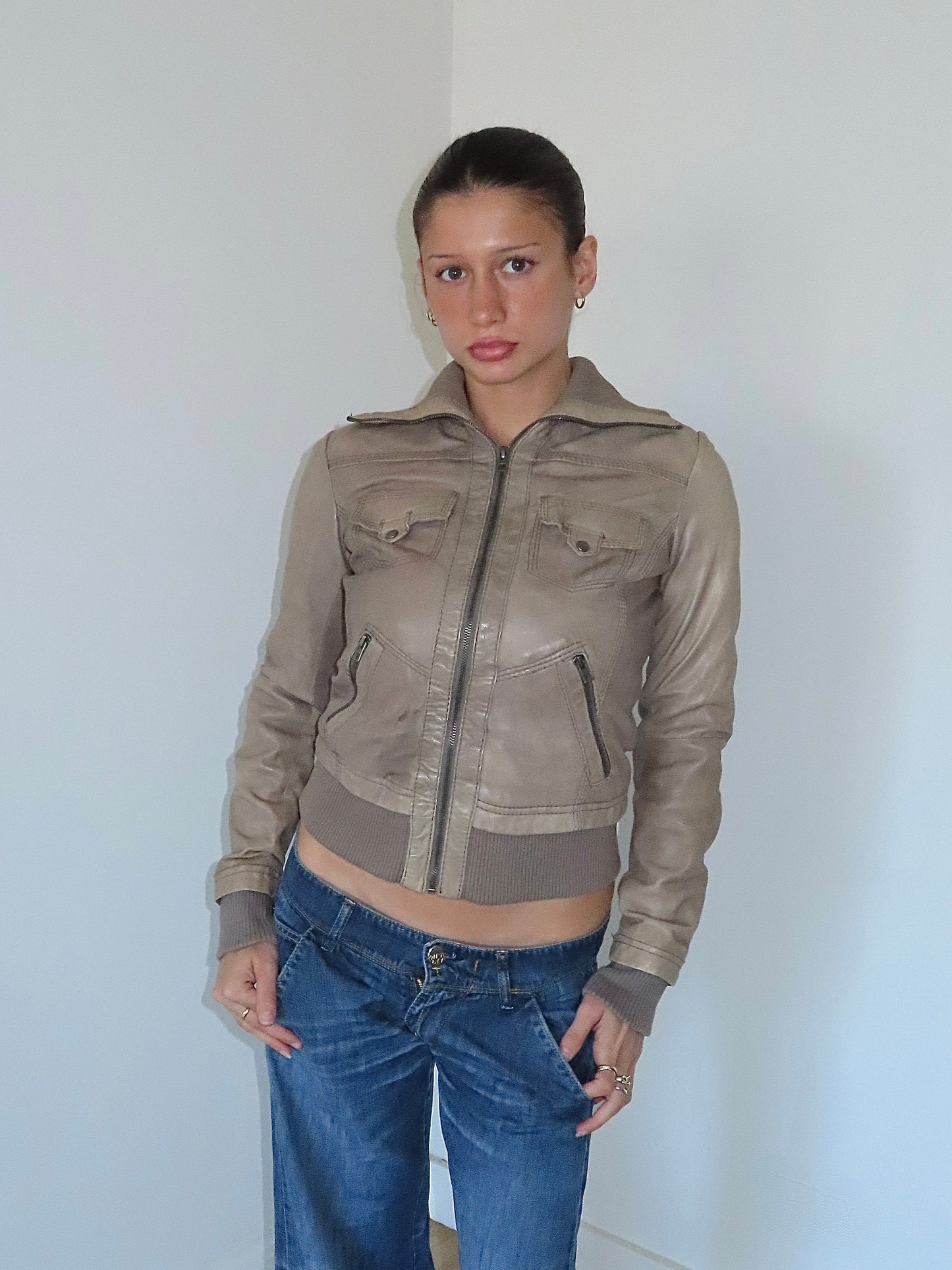 BERSHKA TAUPE LEATHER JACKET / SMALL