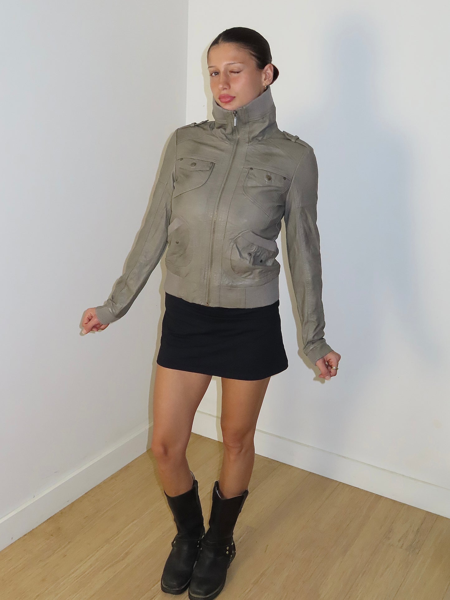 BERNARDS GREY PU LEATHER BOMBER JACKET / UK MEDIUM