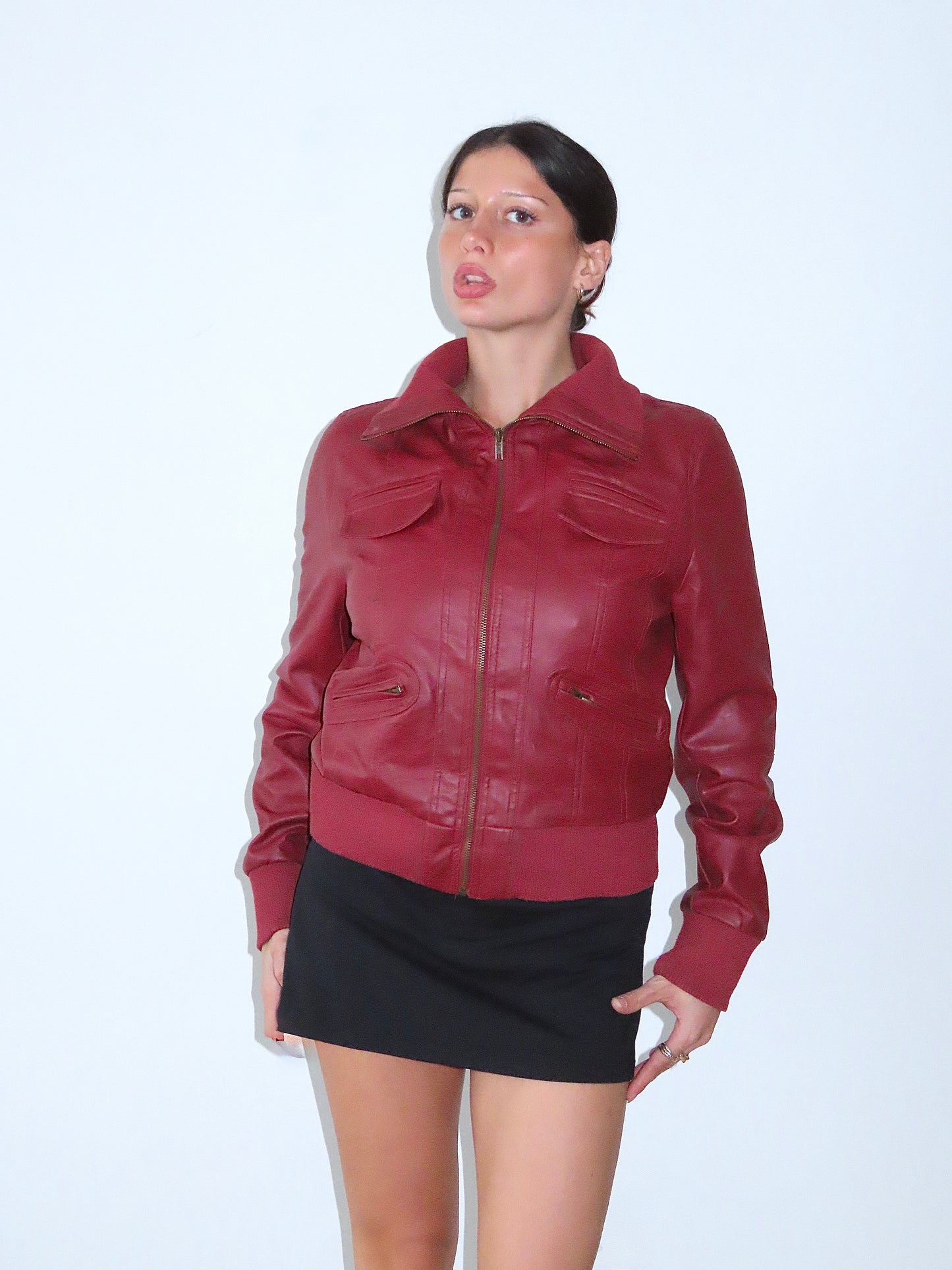 ZENANA OUTFITTERS CHERRY RED PU LEATHER MOTO JACKET / LARGE