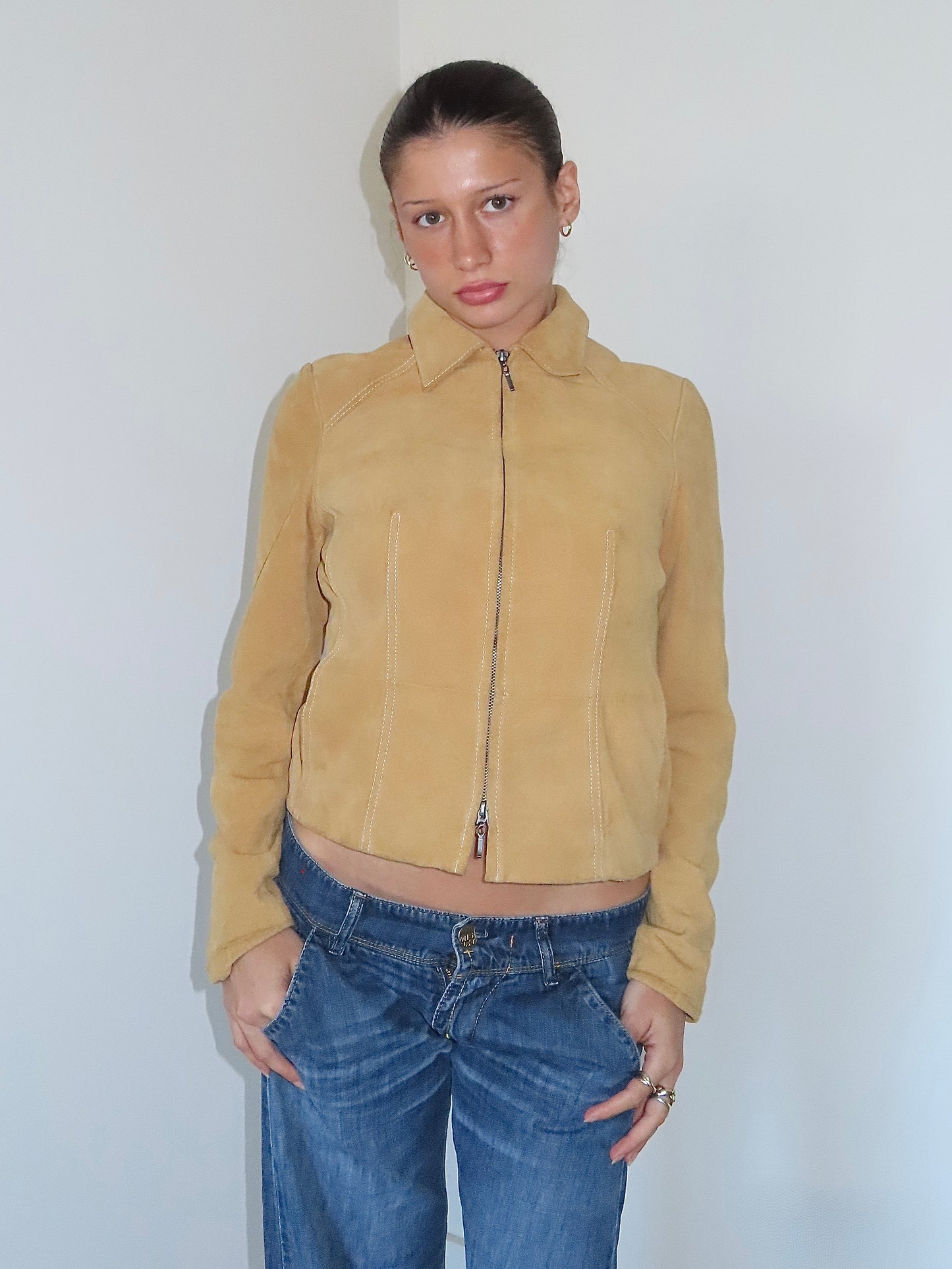 GEORGE ME BY MARK EISEN TAN SUEDE FITTED JACKET / XS