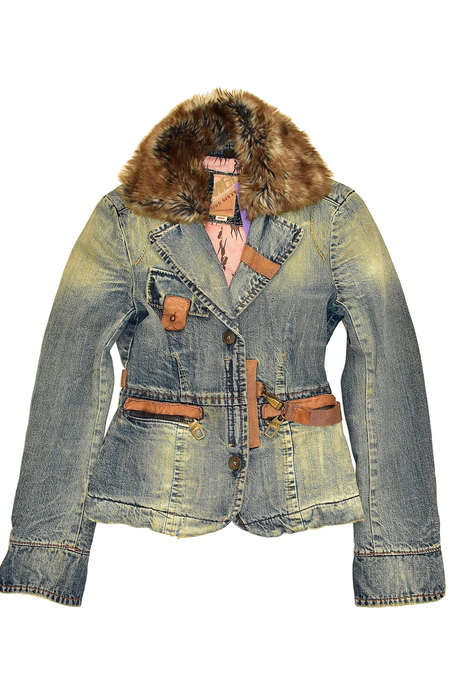 MISS SIXTY DENIM JACKET WITH DETACHABLE FAUX FUR TRIM / SMALL