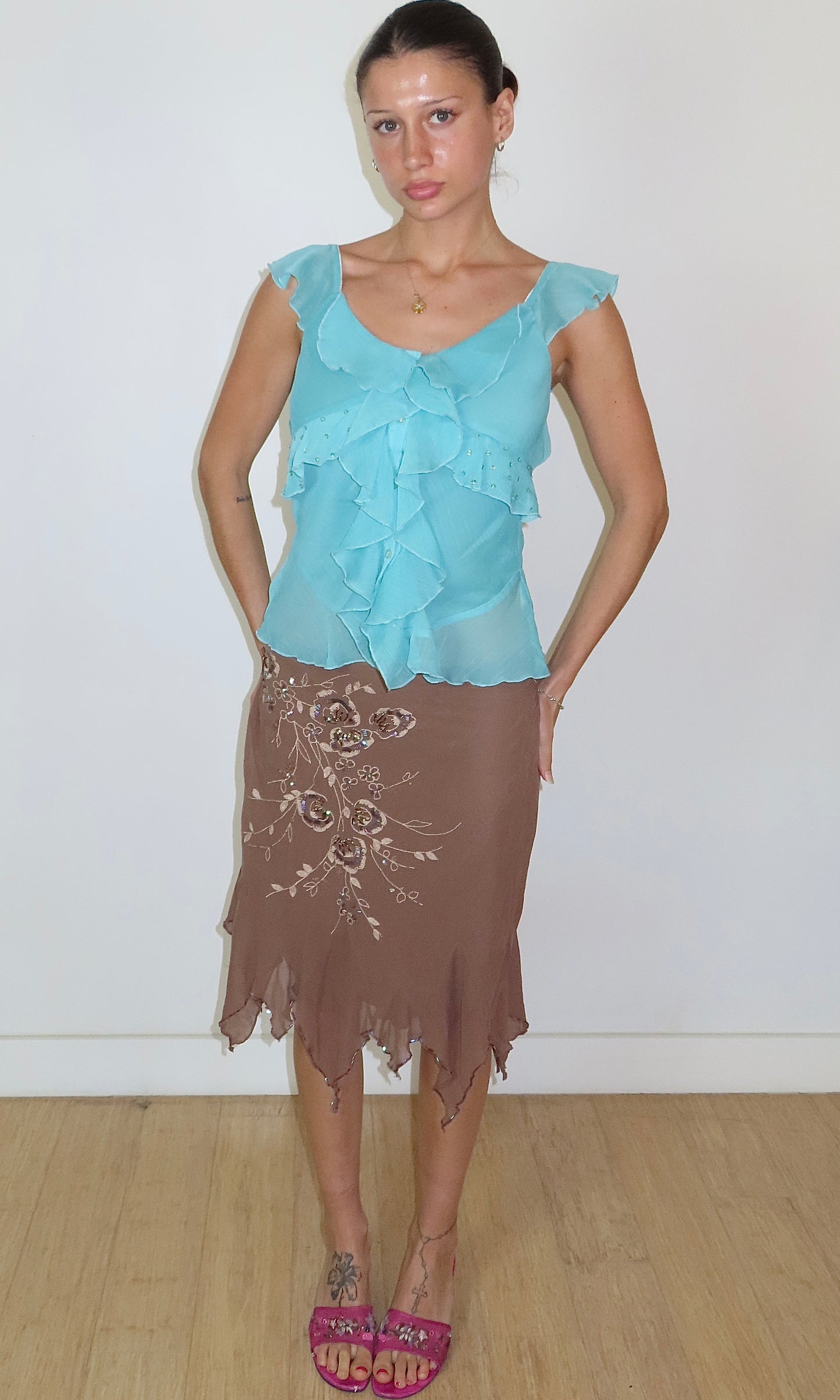 BEBE SILK TAUPE BEADED TIE MIDI SKIRT / MEDIUM