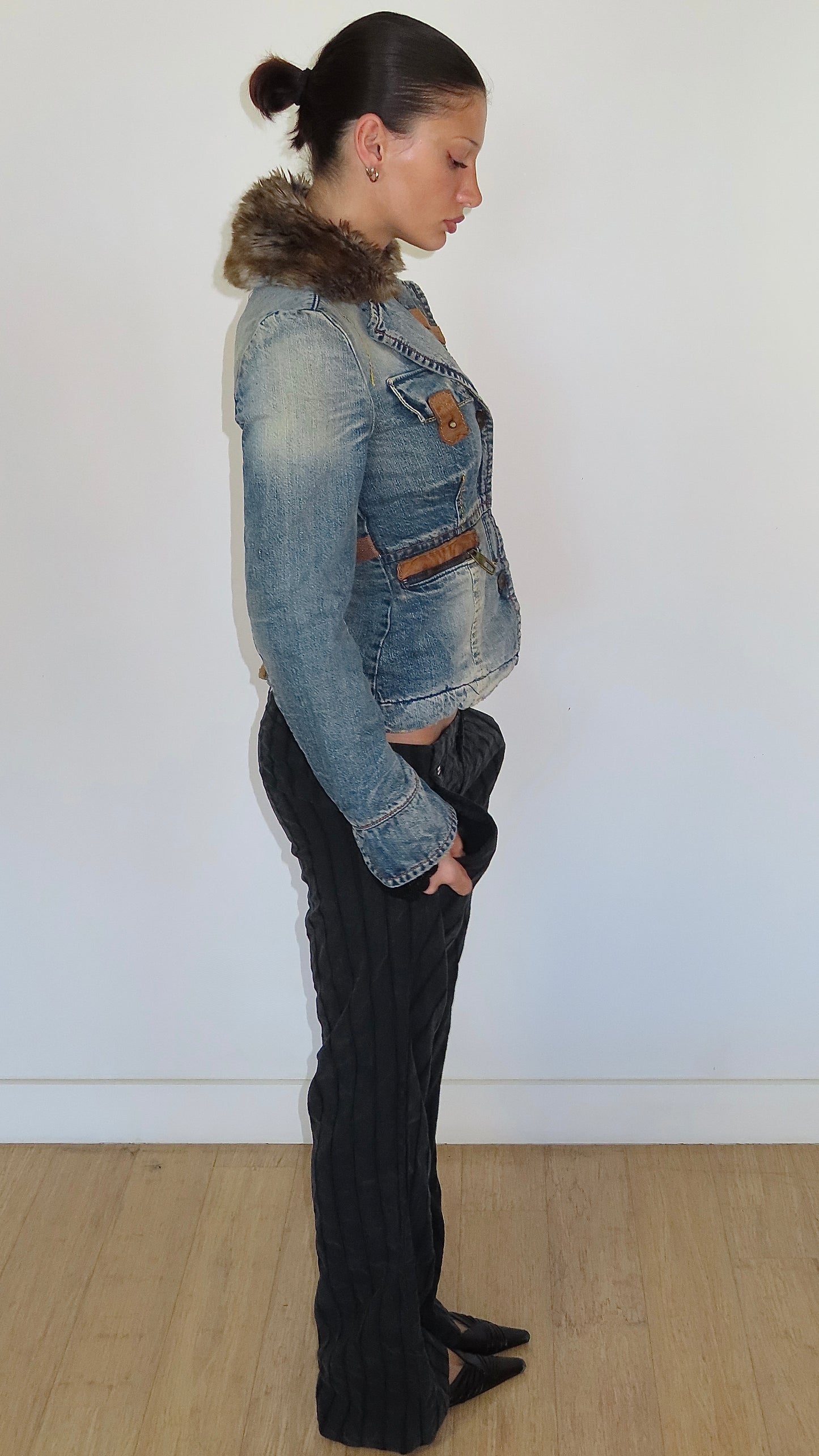 MISS SIXTY DENIM JACKET WITH DETACHABLE FAUX FUR TRIM / SMALL