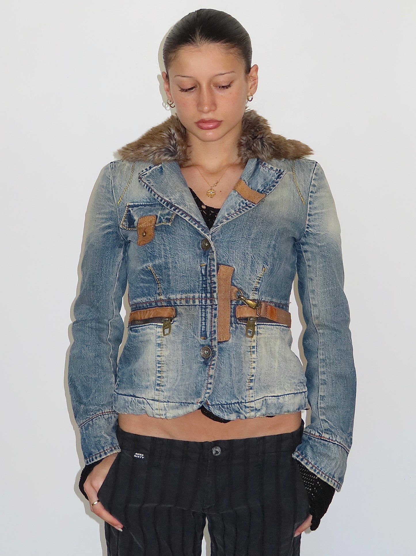MISS SIXTY DENIM JACKET WITH DETACHABLE FAUX FUR TRIM / SMALL