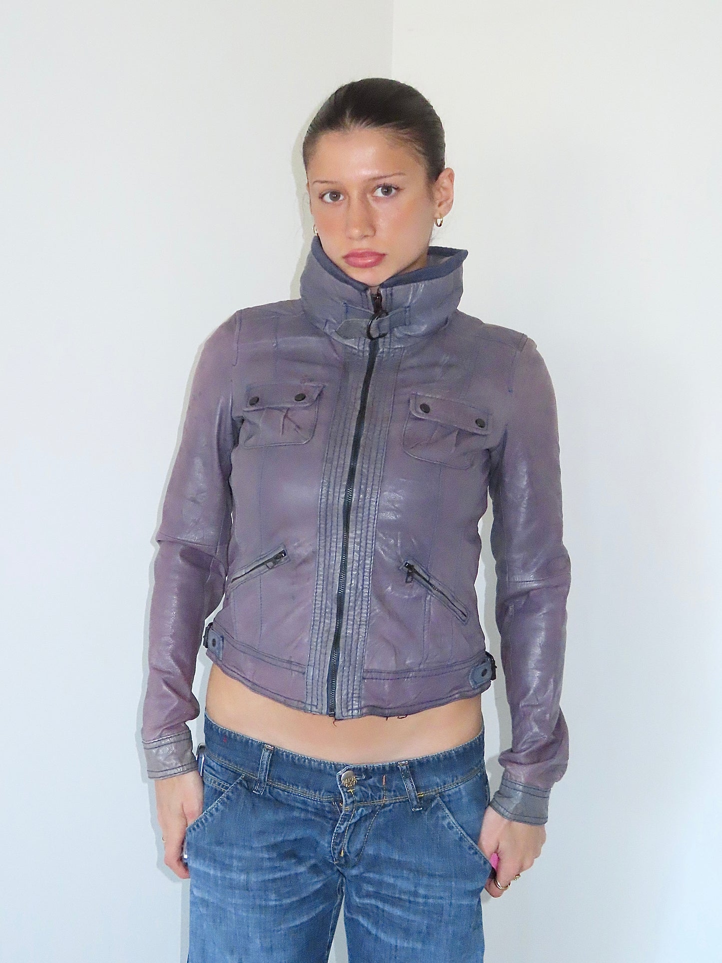 VINTAGE BERSHKA LAVENDER LEATHER JACKET / MEDIUM