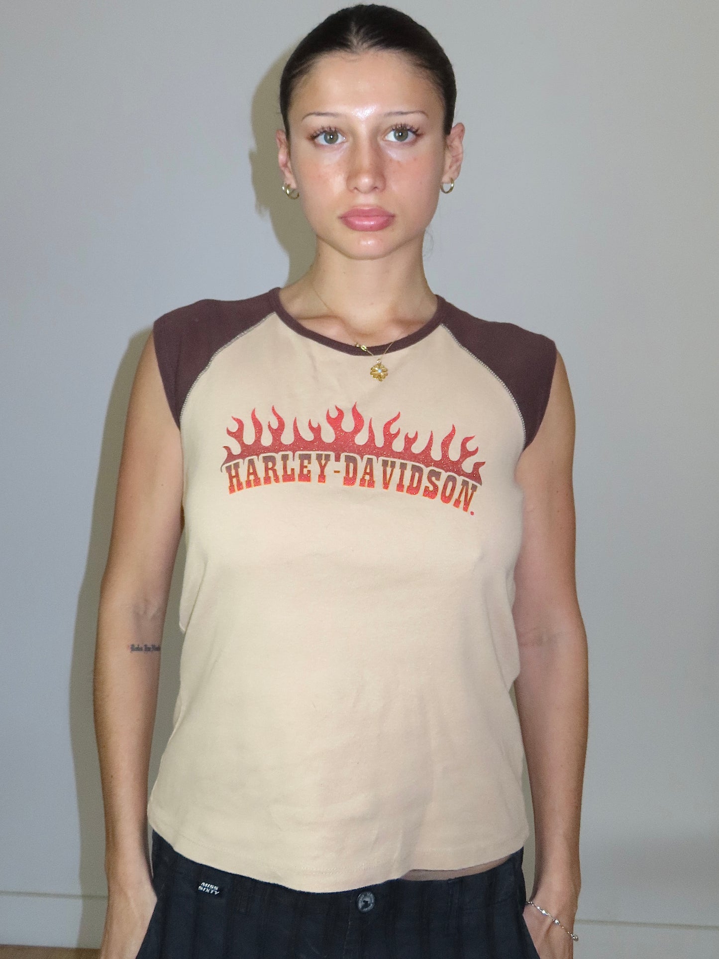 HARLEY DAVIDSON FLAME GLITTER CAP SLEEVE TANK / LARGE