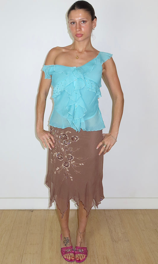 BEBE SILK TAUPE BEADED TIE MIDI SKIRT / MEDIUM