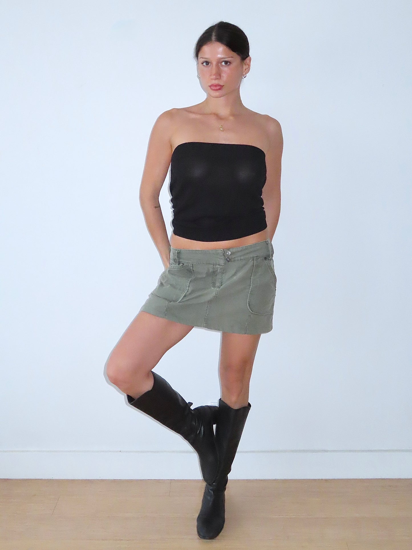 REALITY KHAKI DENIM UTILITY MINI SKIRT / 38
