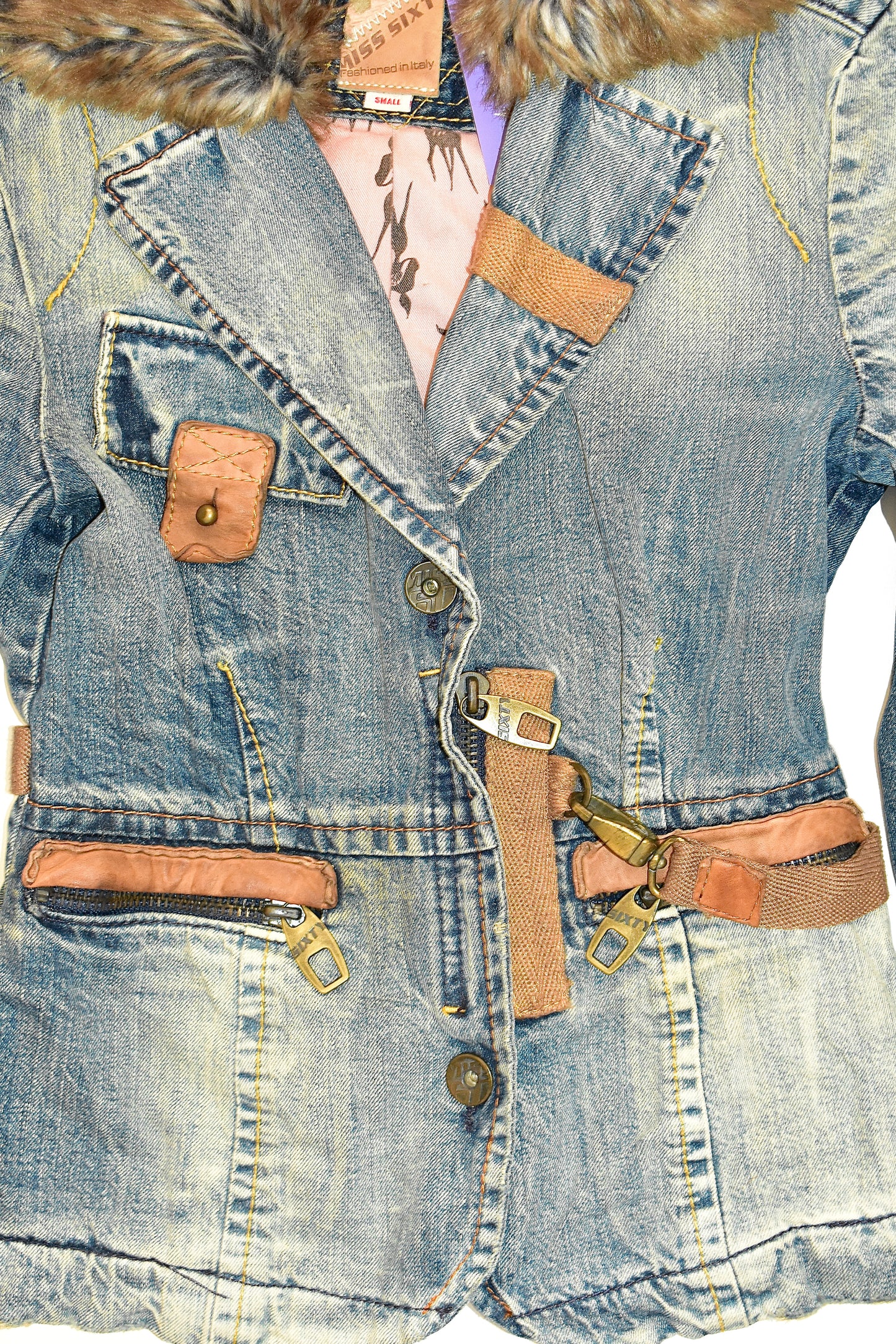 MISS SIXTY DENIM JACKET WITH DETACHABLE FAUX FUR TRIM / SMALL