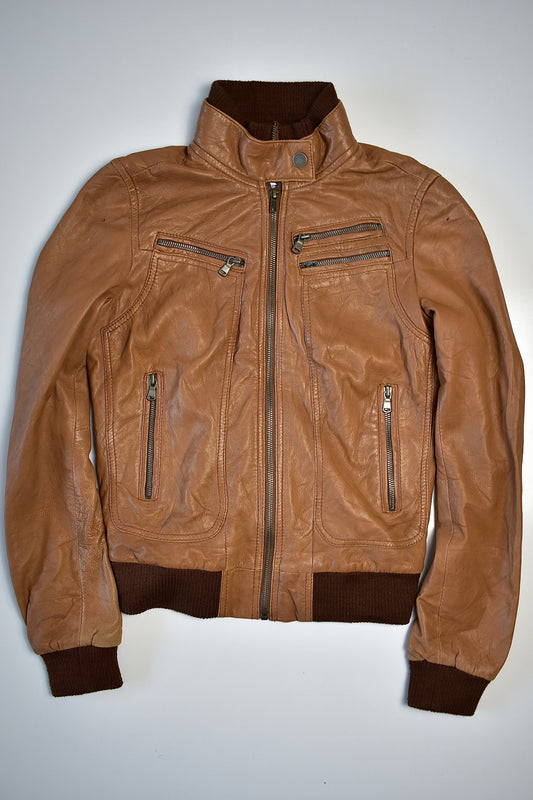 ETAM LEATHER MOTO JACKET WITH RIBBED TRIM / UK 8