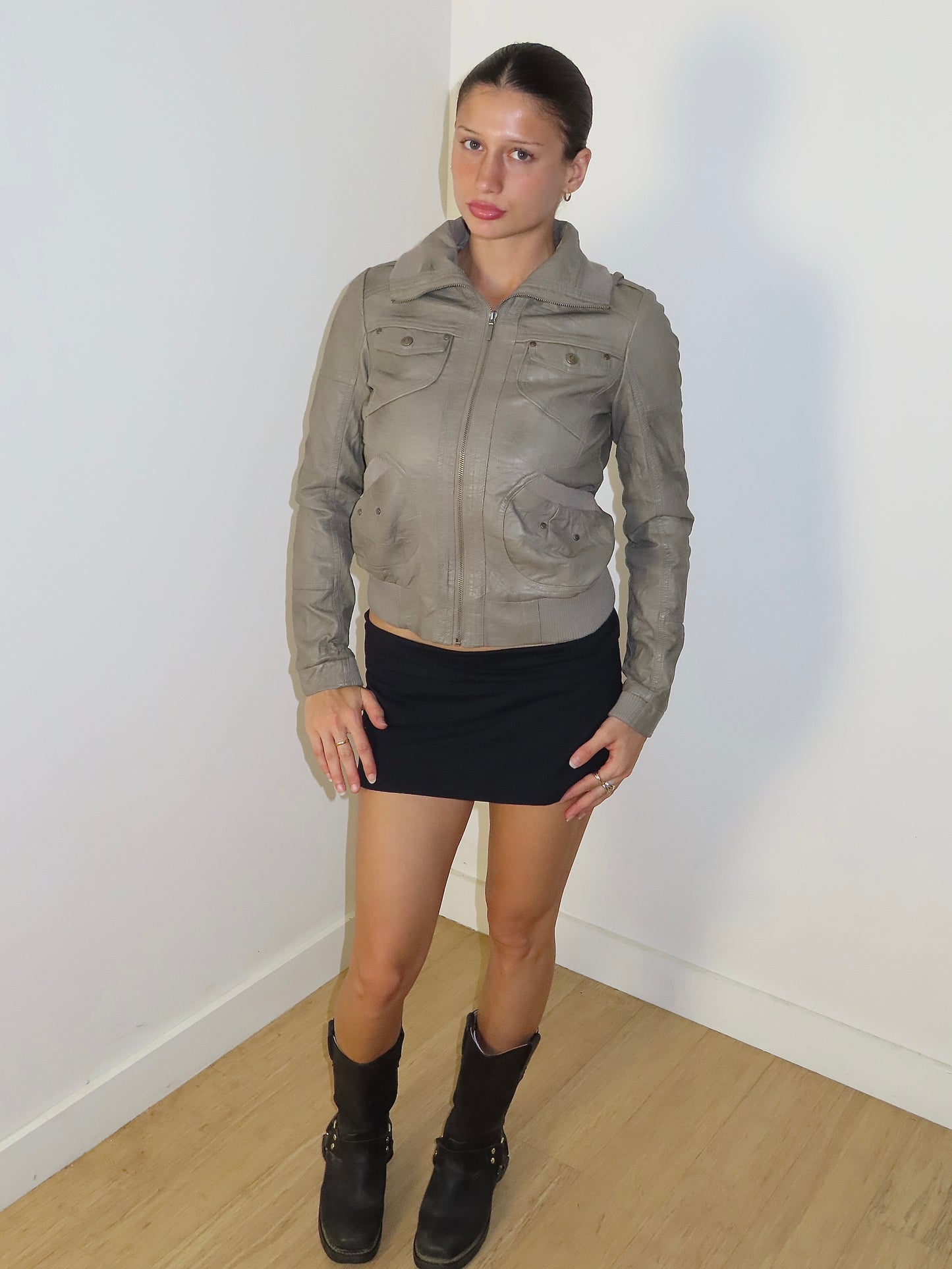 BERNARDS GREY PU LEATHER BOMBER JACKET / UK MEDIUM