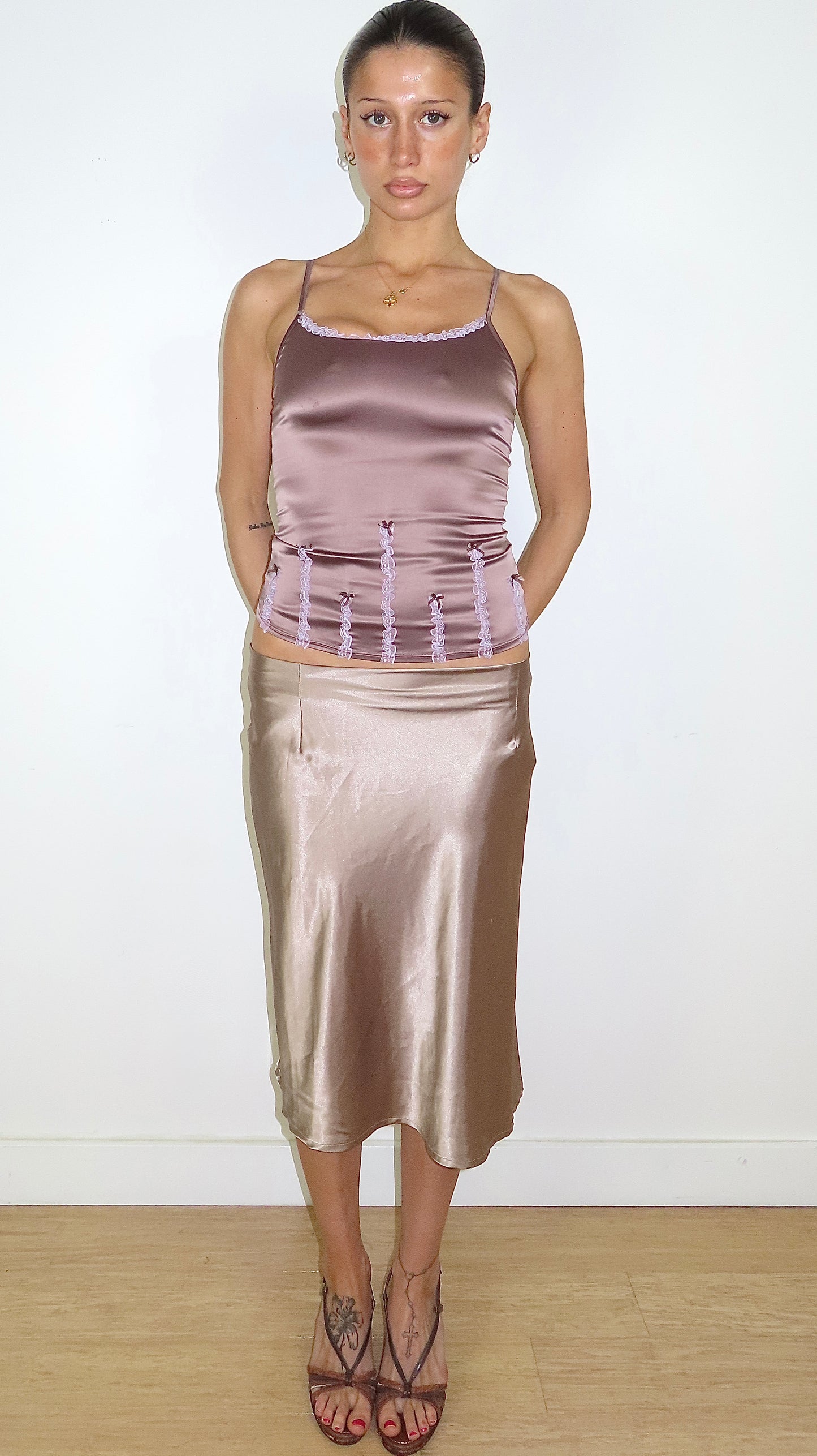 ELLE MAUVE SATIN LACE & BOW CAMI WITH SHEER BACK / UK 10