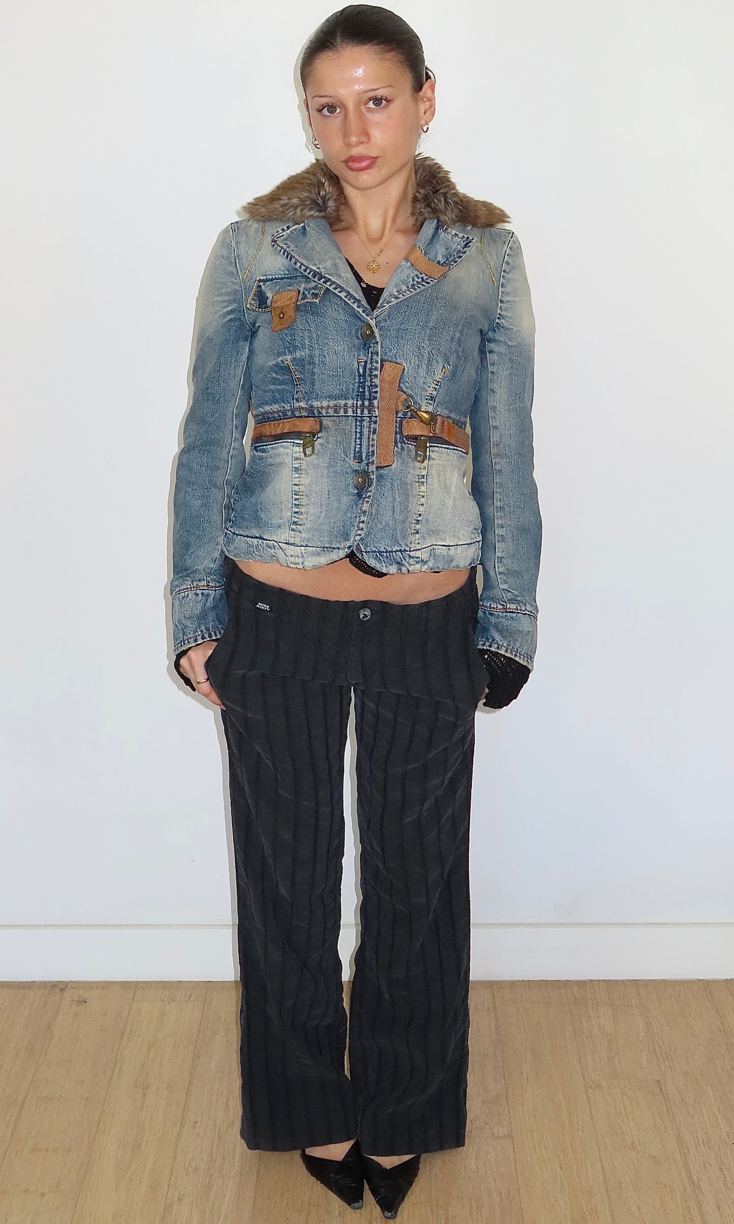 MISS SIXTY DENIM JACKET WITH DETACHABLE FAUX FUR TRIM / SMALL