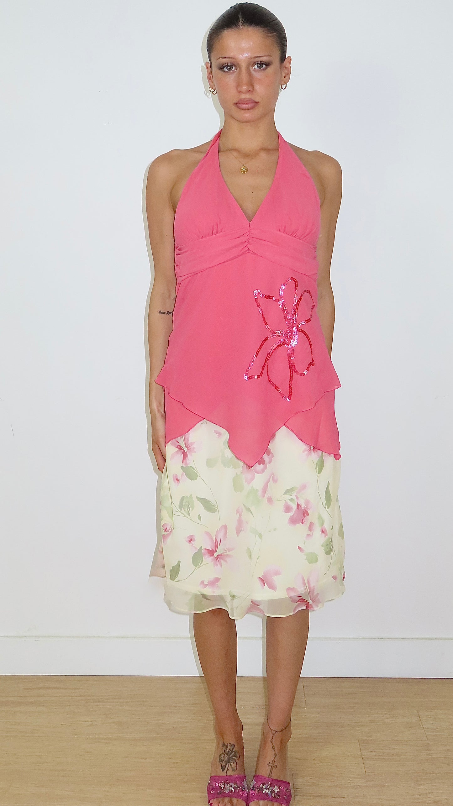 TRISSI CORAL HALTER WITH SEQUIN FLORAL APPLIQUE / M