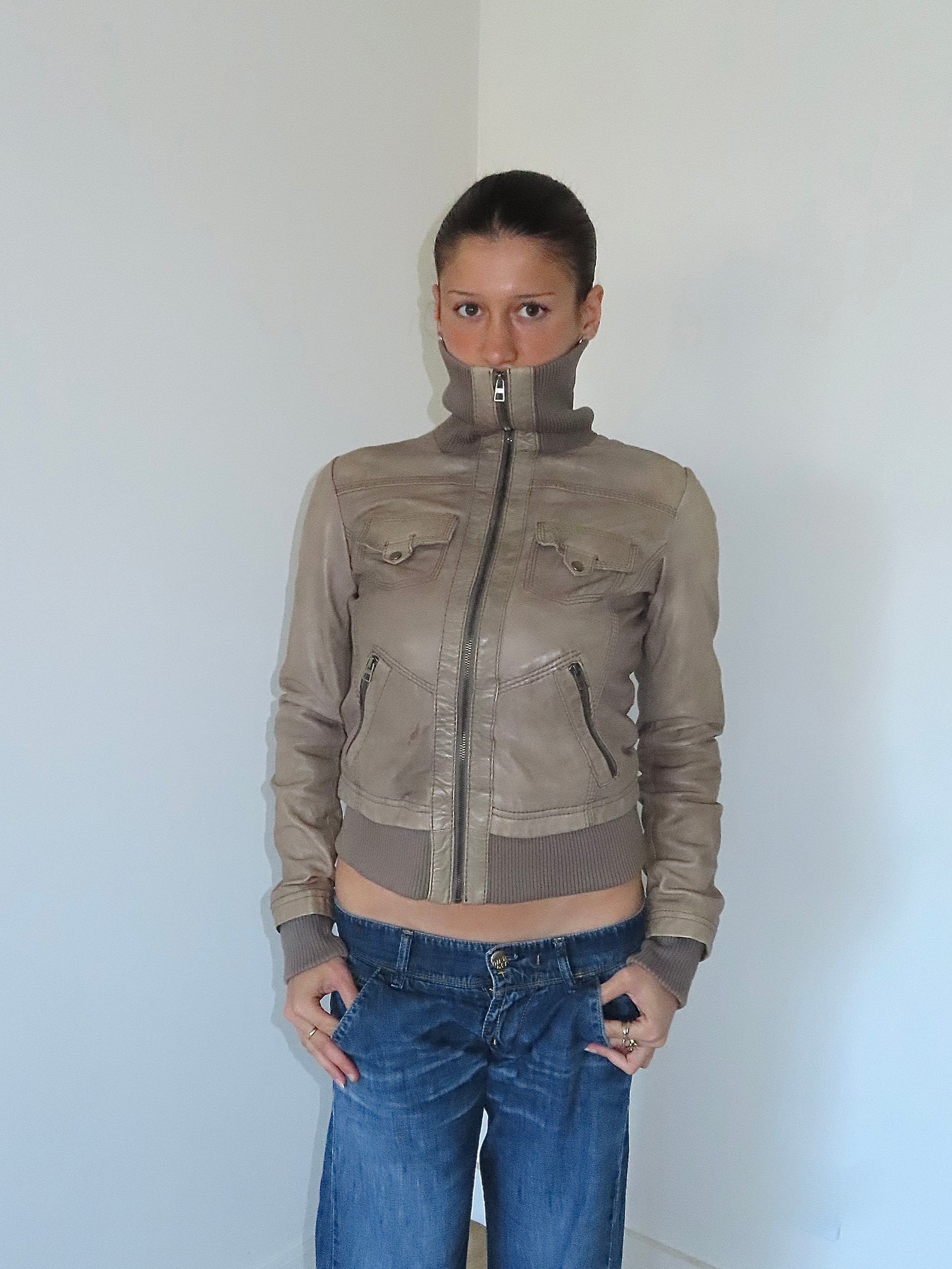 BERSHKA TAUPE LEATHER JACKET / SMALL