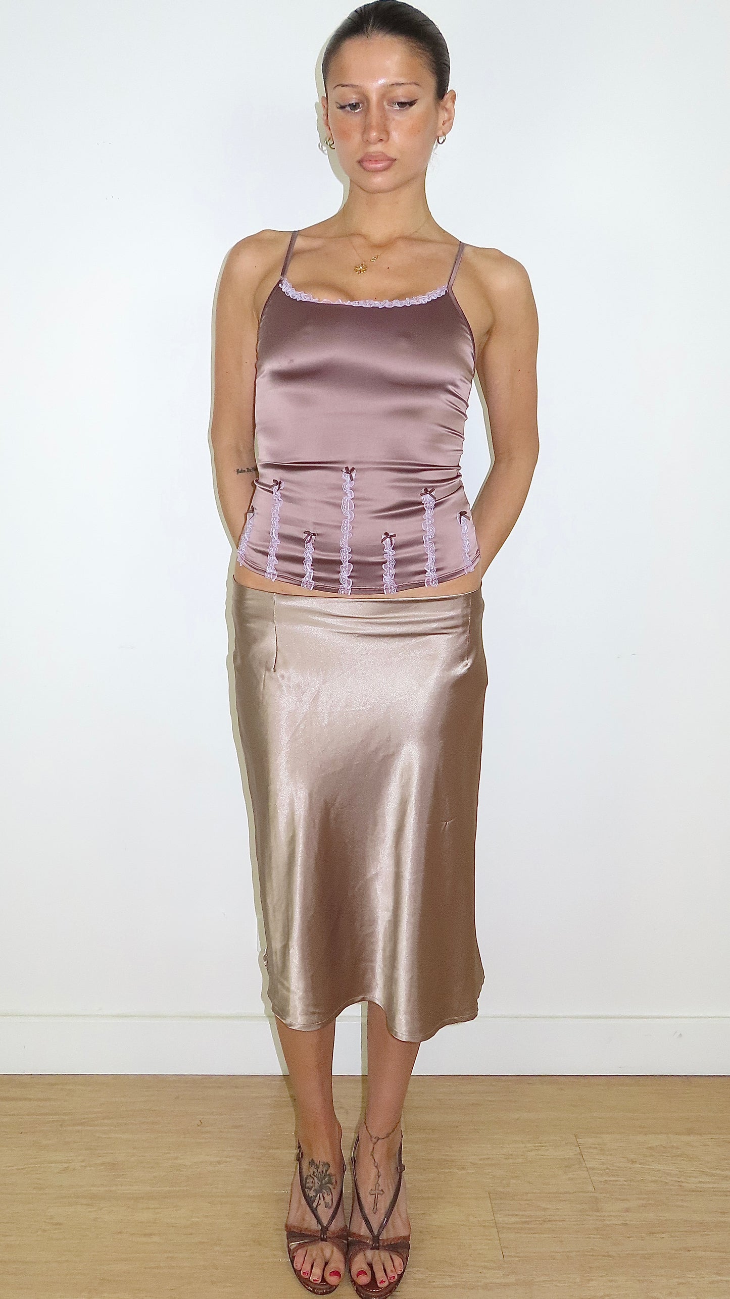 ELLE MAUVE SATIN LACE & BOW CAMI WITH SHEER BACK / UK 10