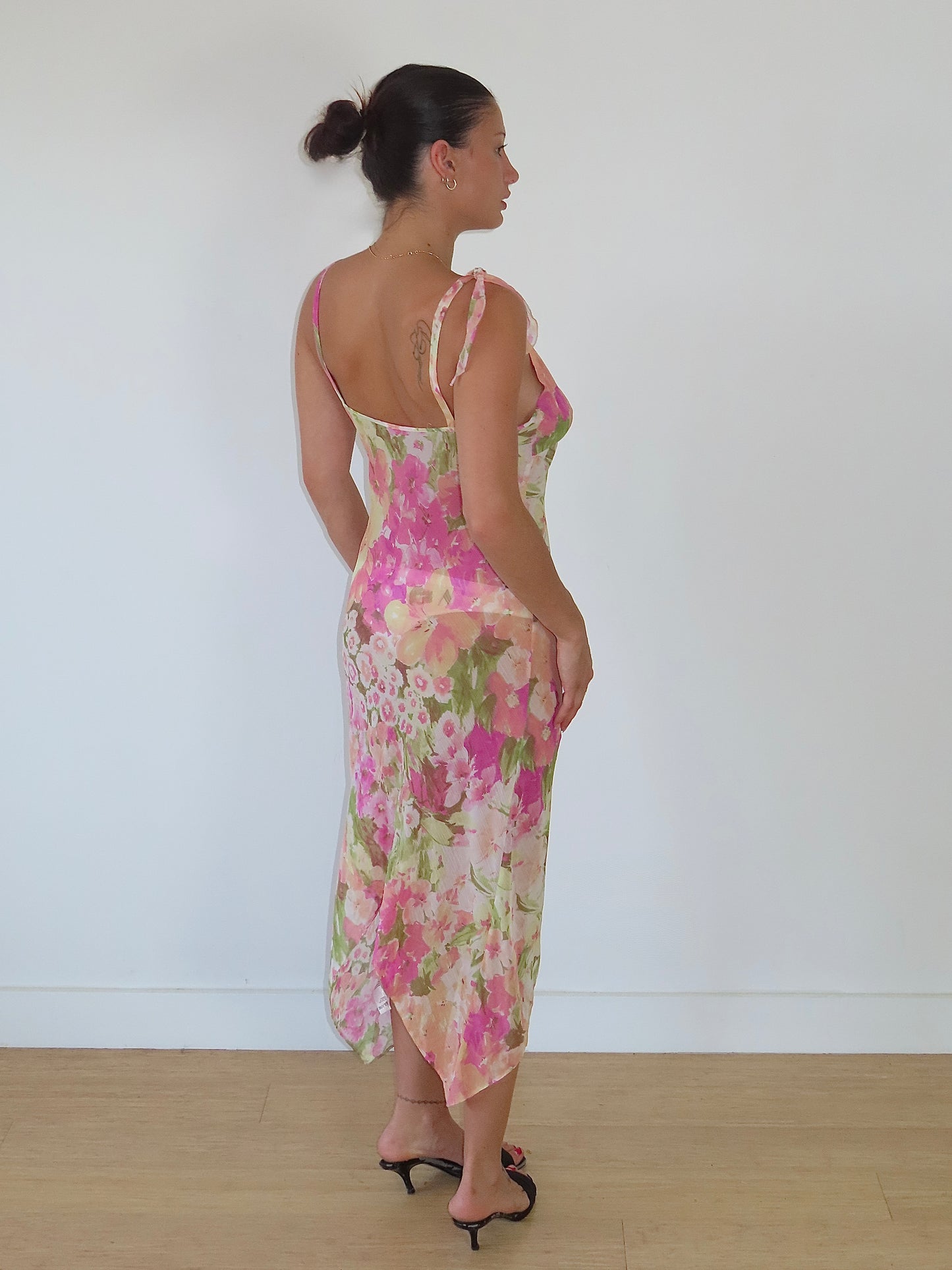 MARKS AND SPENCER SHEER FLORAL MIDI DRESS WITH TIE STRAP / UK 12