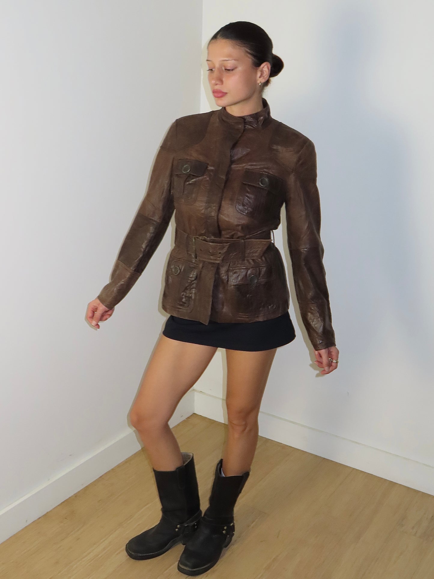 VINTAGE ZARA CHOCOLATE LEATHER BELTED UTILITY JACKET / EURO SMALL