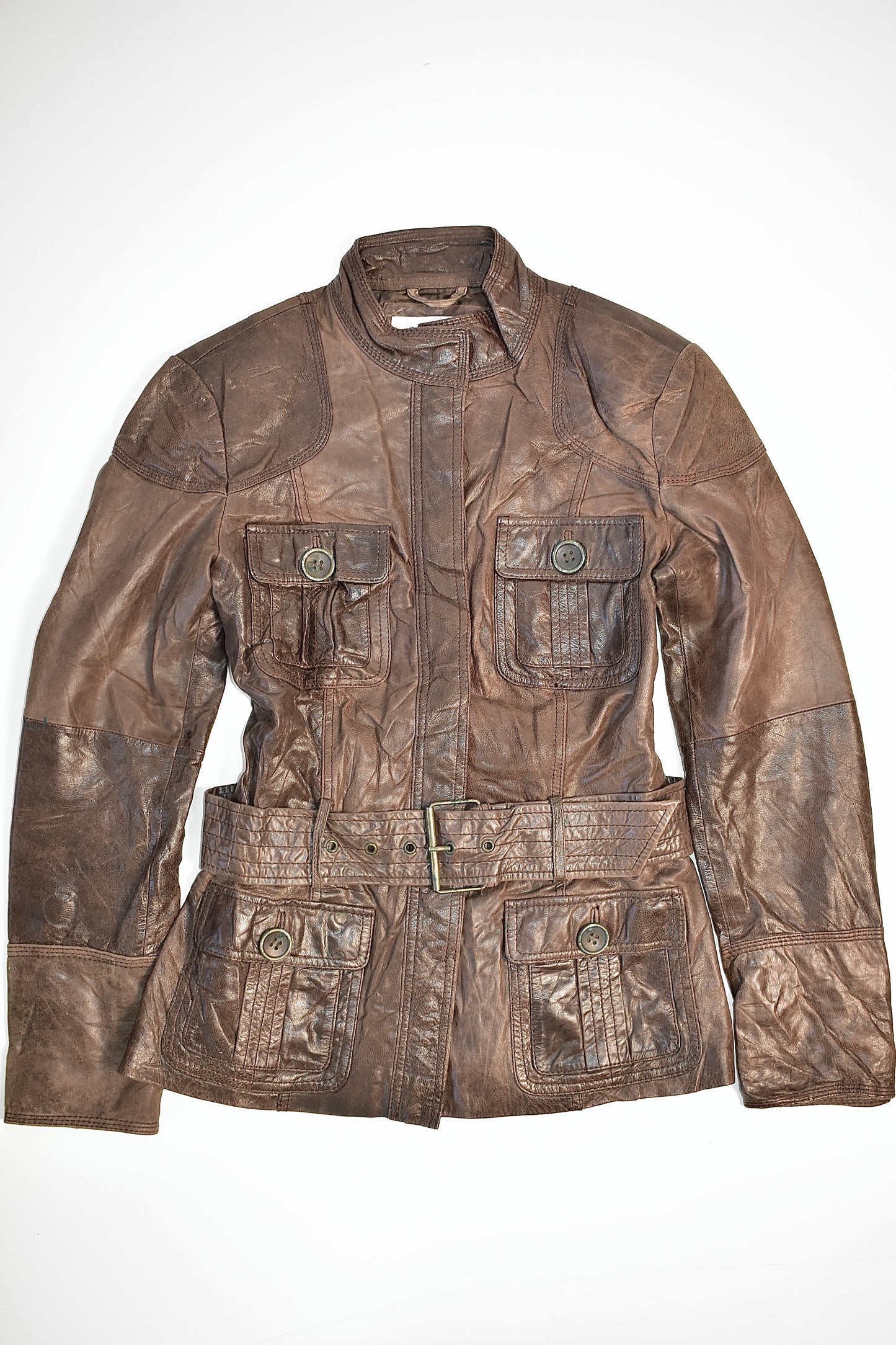 VINTAGE ZARA CHOCOLATE LEATHER BELTED UTILITY JACKET / EURO SMALL