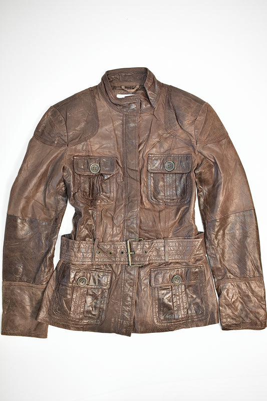 VINTAGE ZARA CHOCOLATE LEATHER BELTED UTILITY JACKET / EURO SMALL