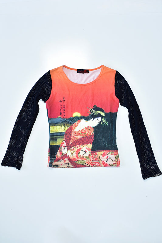 SEVEN SISTERS RARE 90S GEISHA GRAPHIC LONG SLEEVE. FISHNET SLEEVES / MEDIUM