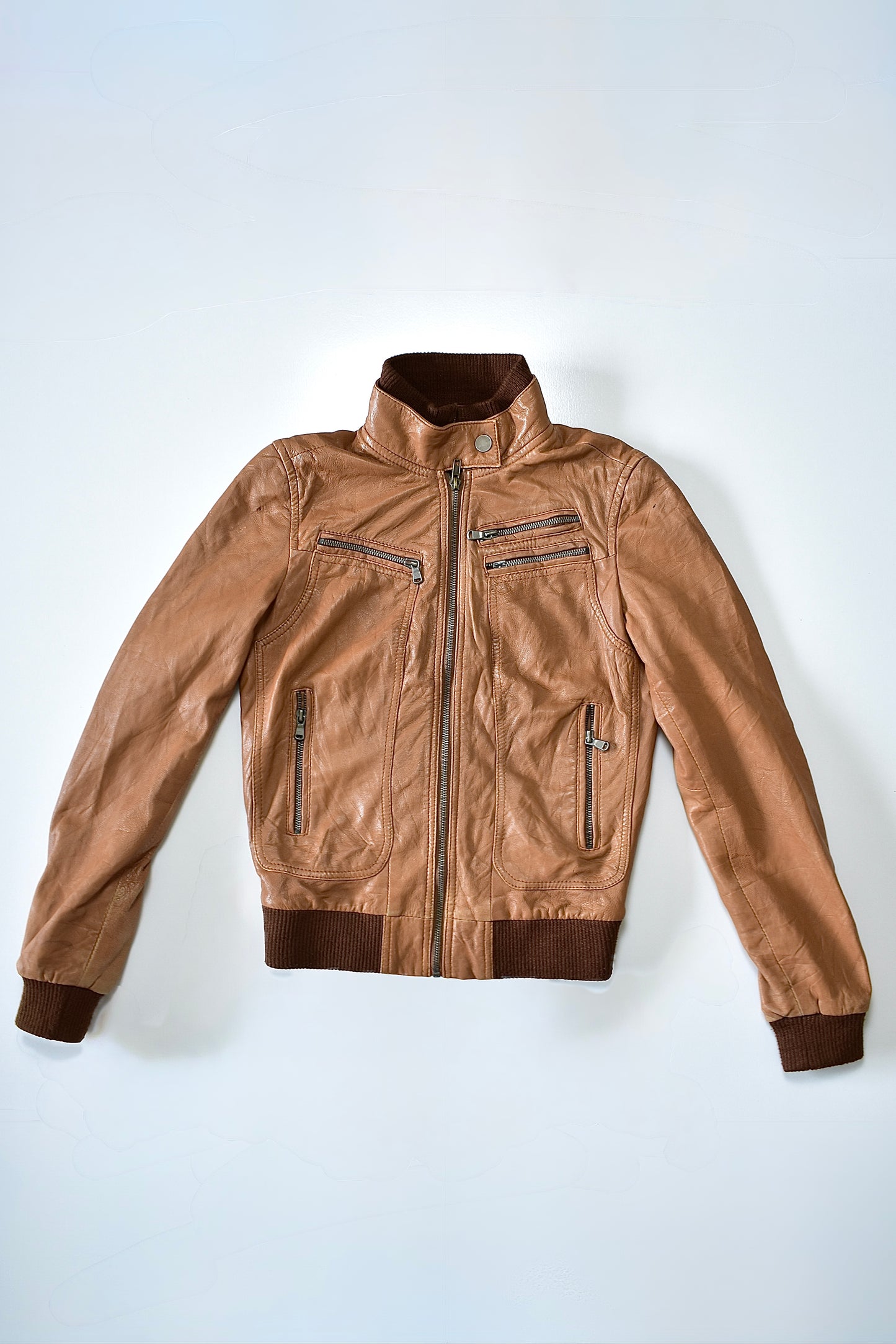 ETAM LEATHER MOTO JACKET WITH RIBBED TRIM / UK 8