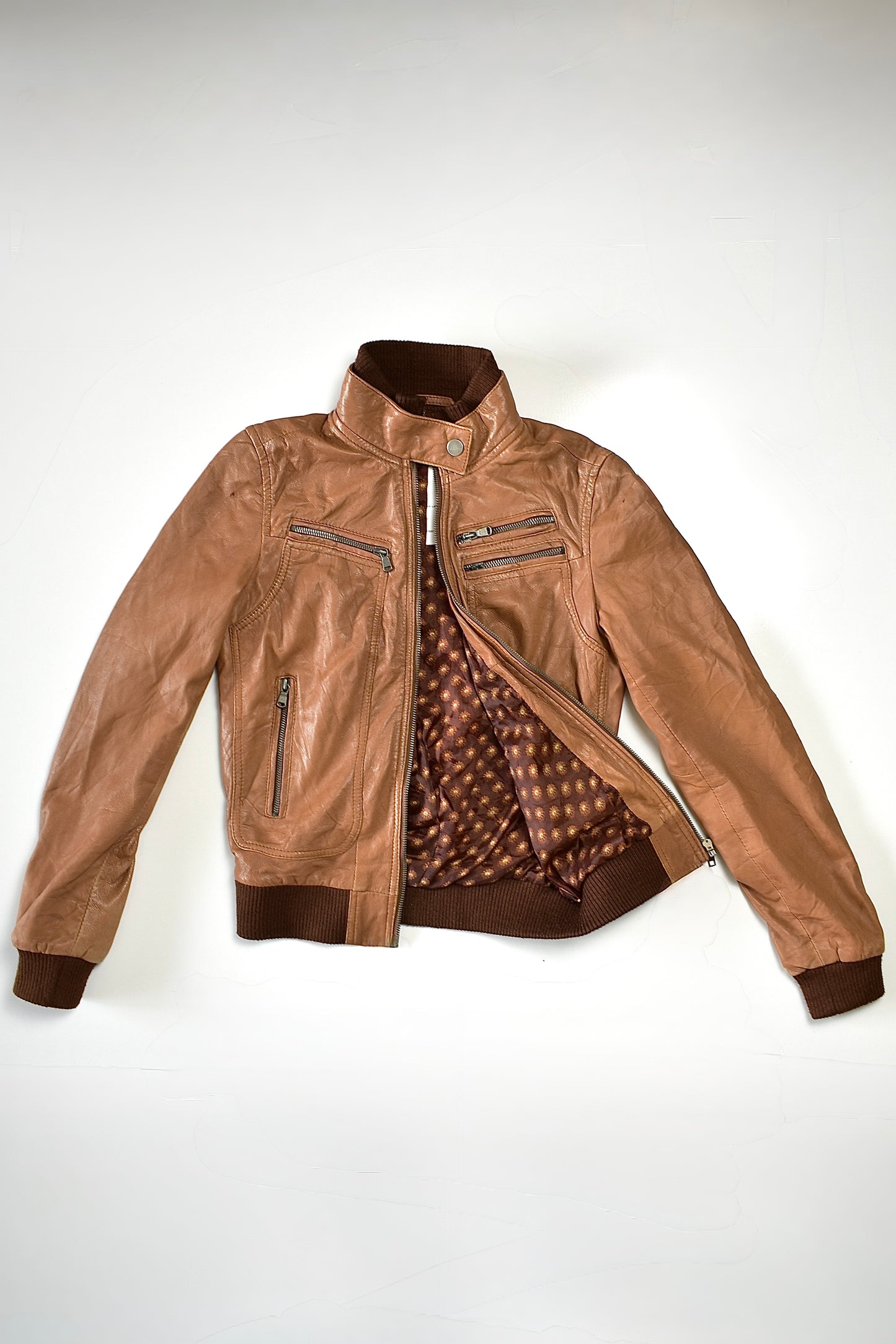 ETAM LEATHER MOTO JACKET WITH RIBBED TRIM / UK 8