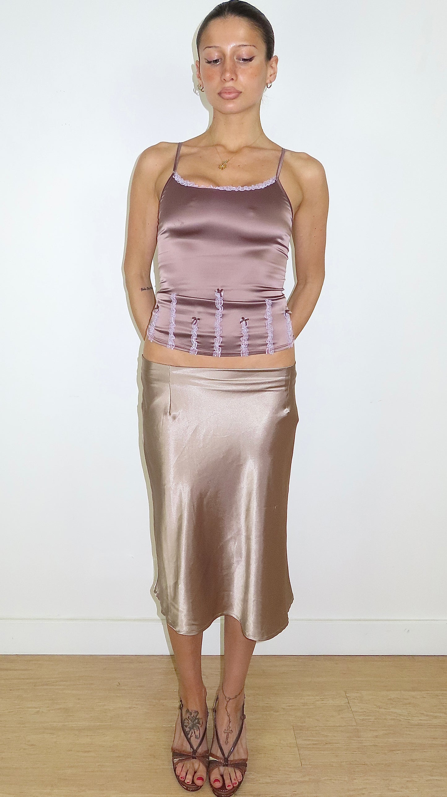 ELLE MAUVE SATIN LACE & BOW CAMI WITH SHEER BACK / UK 10