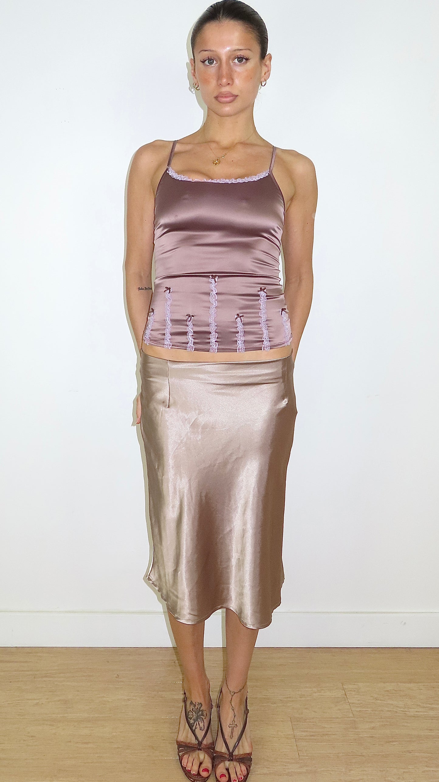 ELLE MAUVE SATIN LACE & BOW CAMI WITH SHEER BACK / UK 10