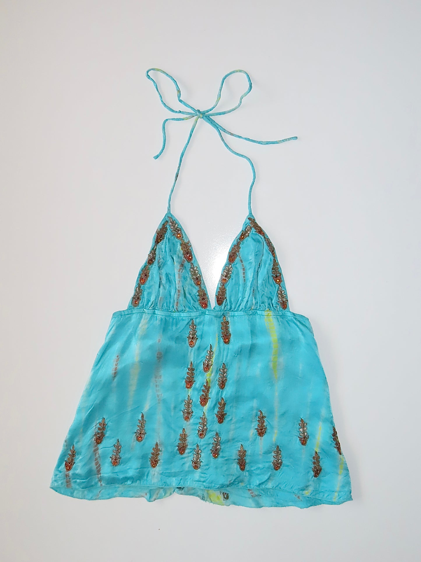 EARLY 2000S LINHARD TURQUOISE SILK EMBROIDERED HALTER TOP / UK 6