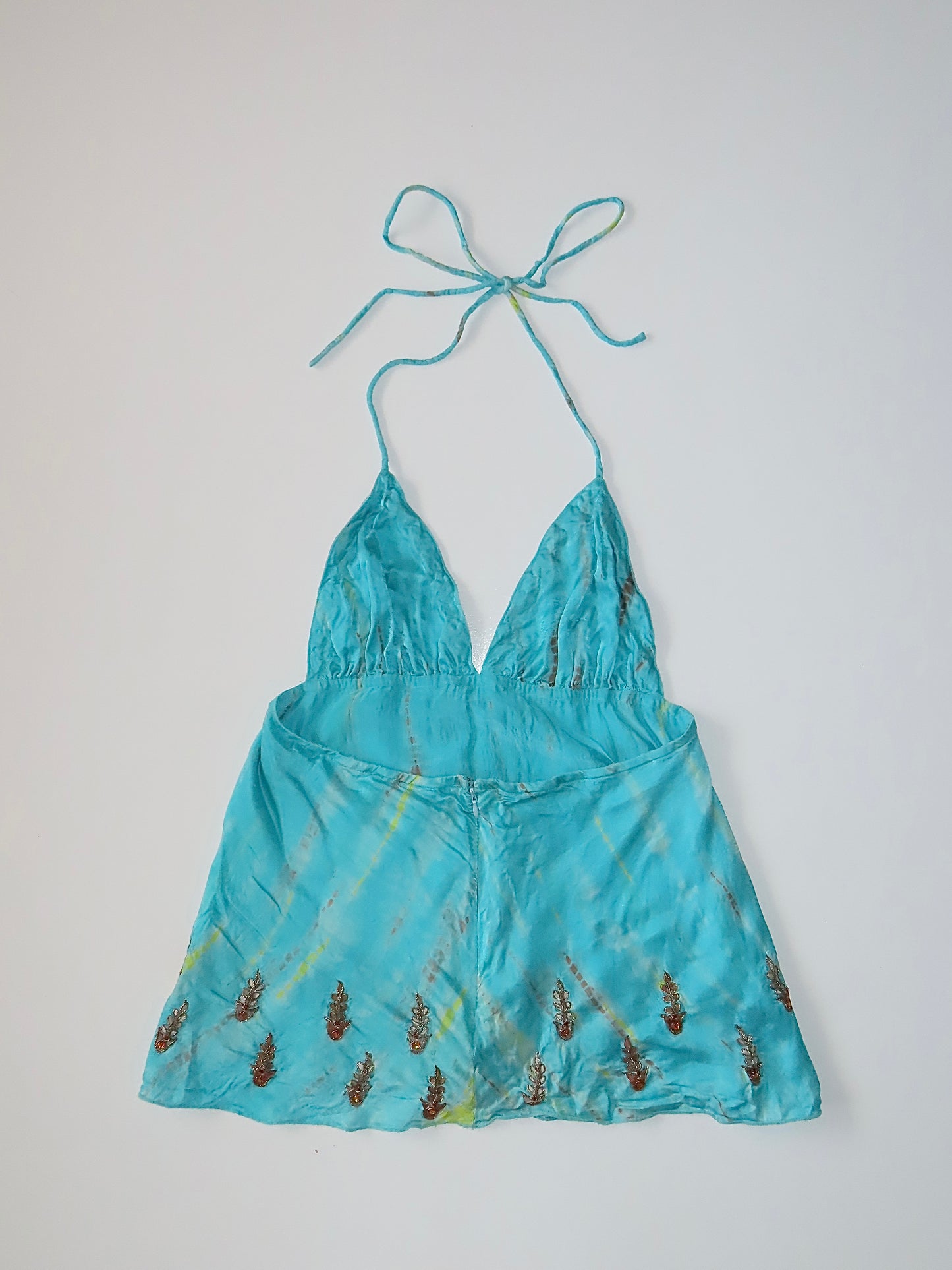 EARLY 2000S LINHARD TURQUOISE SILK EMBROIDERED HALTER TOP / UK 6