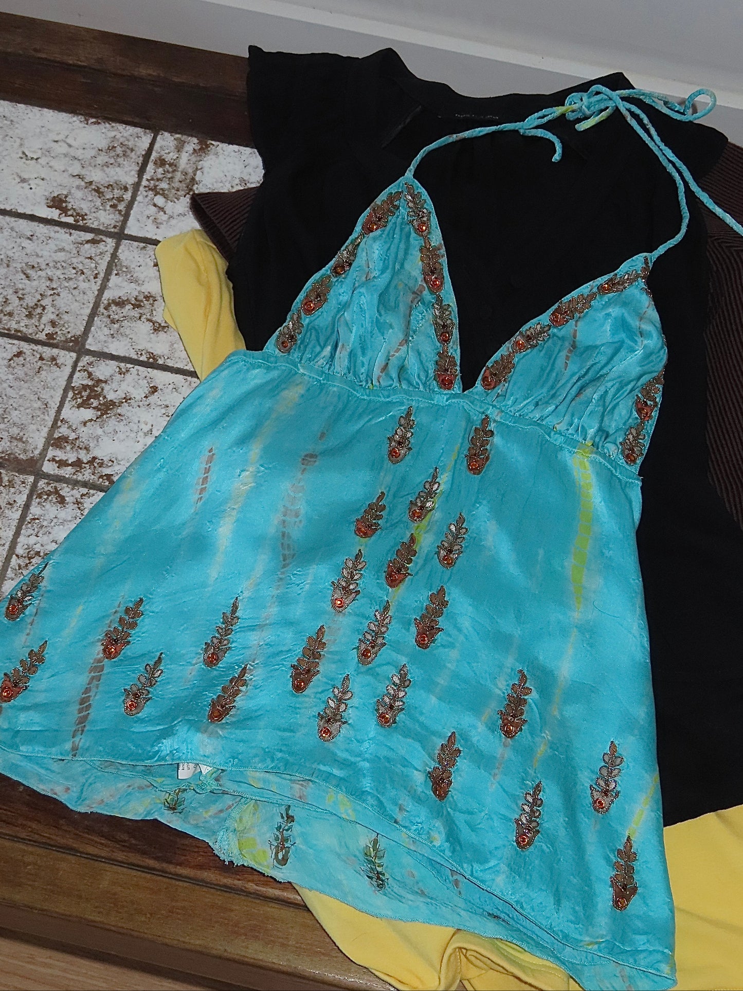 EARLY 2000S LINHARD TURQUOISE SILK EMBROIDERED HALTER TOP / UK 6
