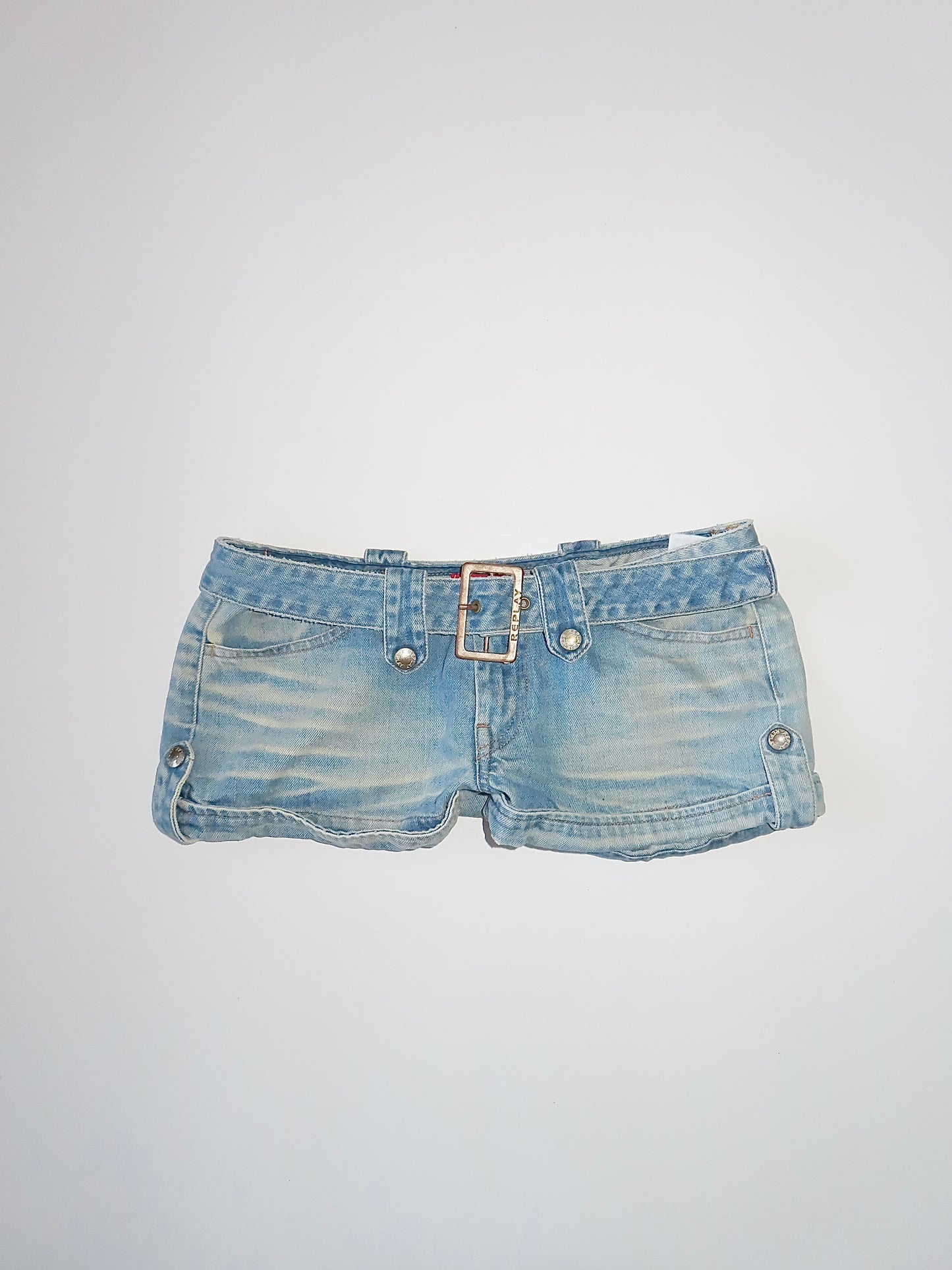 00S REPLAY MICRO MINI BUCKLE DENIM SHORTS / 28