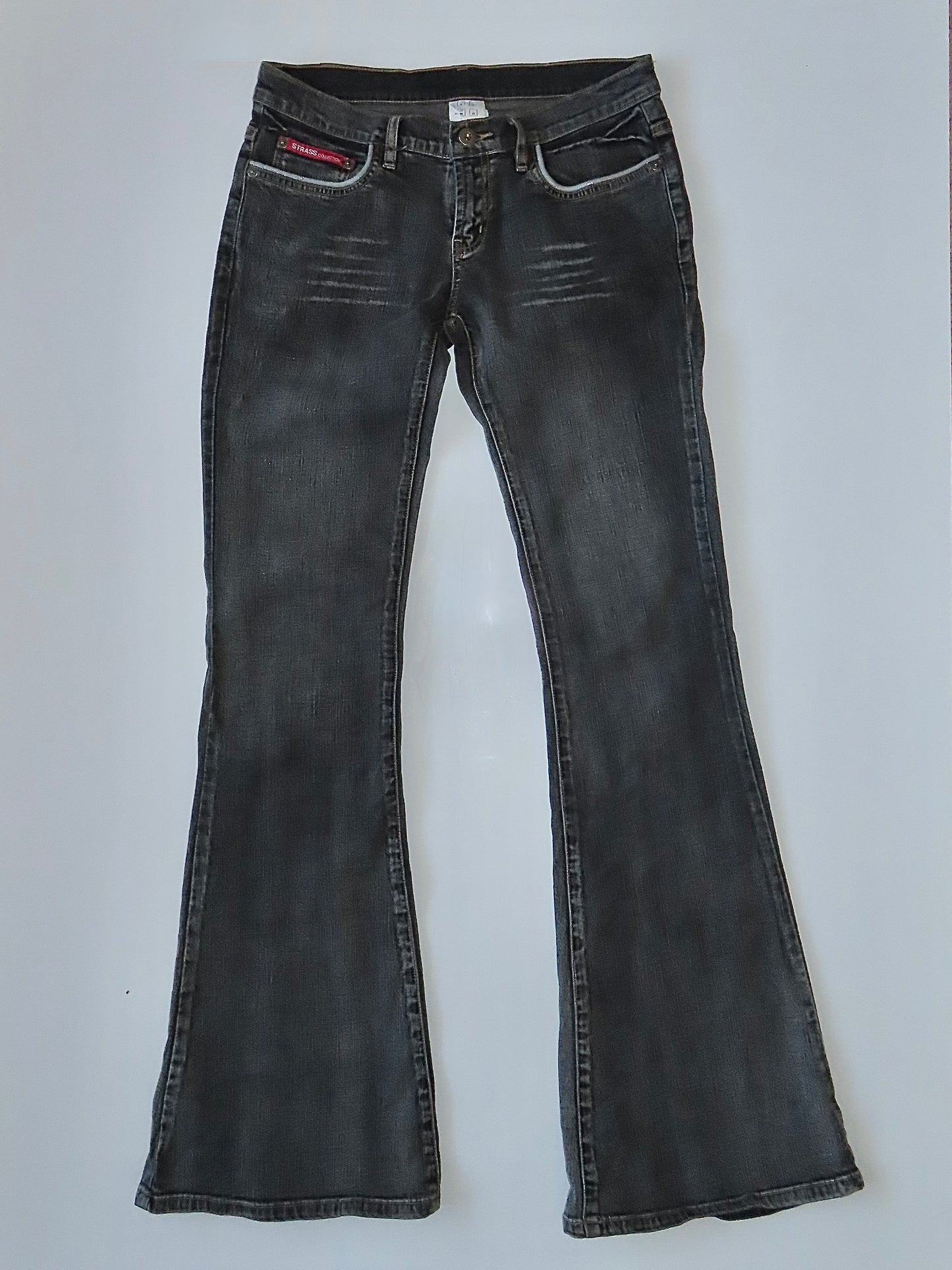 EARLY 00S STRASS COLLECTION DARK WASH LOW RISE BOOTCUT JEANS / FR 36