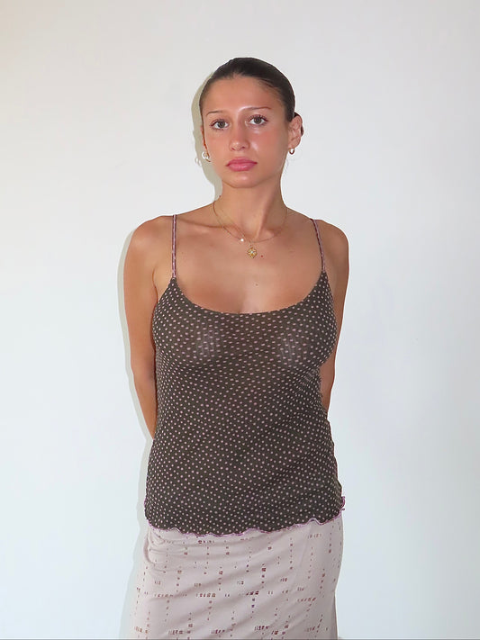 MARELLA KHAKI PINK POLKA DOT MESH CAMI / MEDIUM