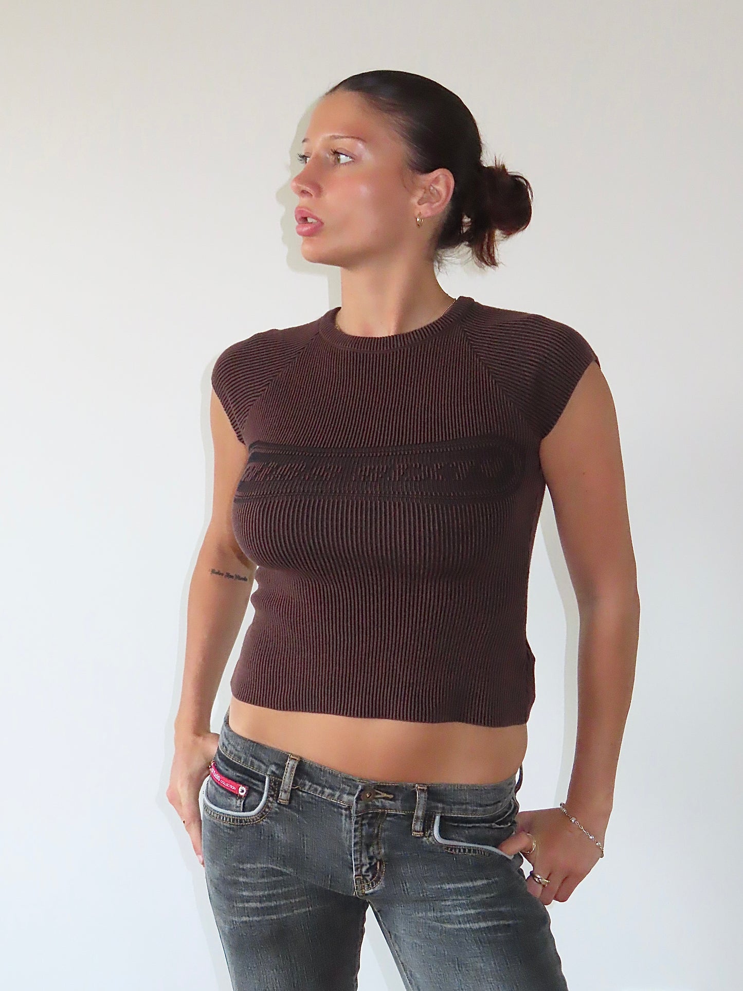 MISS SIXTY RIBBED BROWN LOGO TANK / UK 6-8