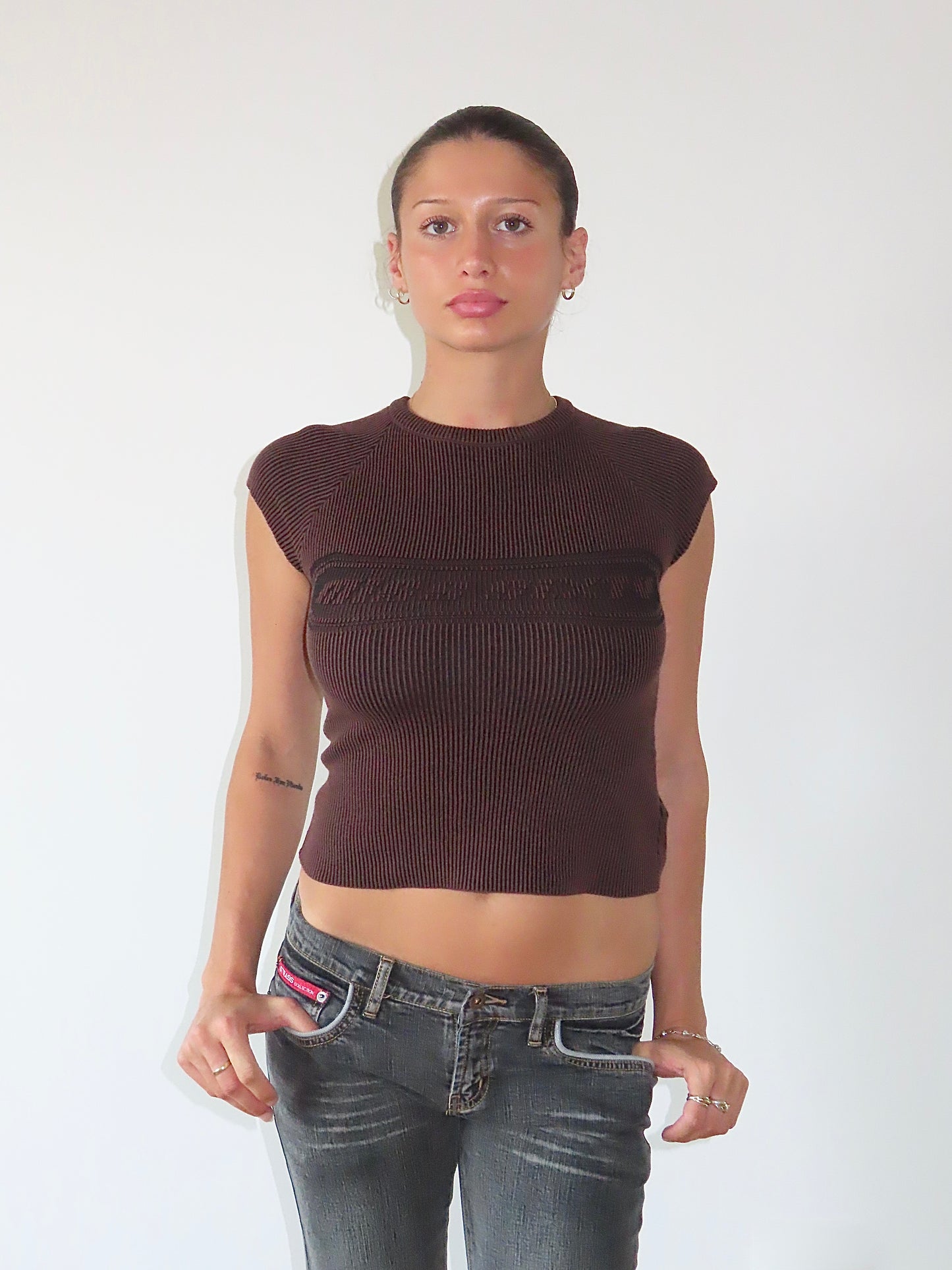 MISS SIXTY RIBBED BROWN LOGO TANK / UK 6-8