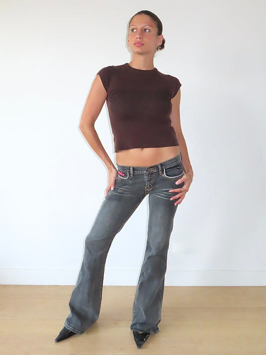 EARLY 00S STRASS COLLECTION DARK WASH LOW RISE BOOTCUT JEANS / FR 36