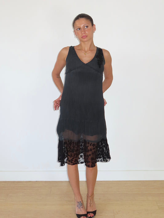 PLEATED SLIP MIDI DRESS WITH LACE HEM/ MEDIUM