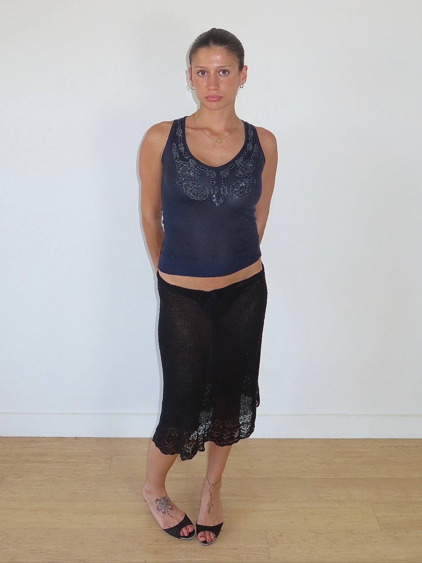 LE CHATEAU NAVY V NECK BEADED TANK WITH BUTTERFLY MOTIF / XS