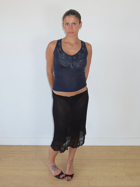 LE CHATEAU NAVY V NECK BEADED TANK WITH BUTTERFLY MOTIF / XS