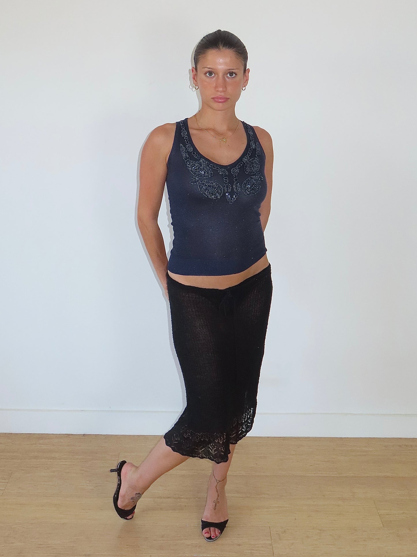 LE CHATEAU NAVY V NECK BEADED TANK WITH BUTTERFLY MOTIF / XS