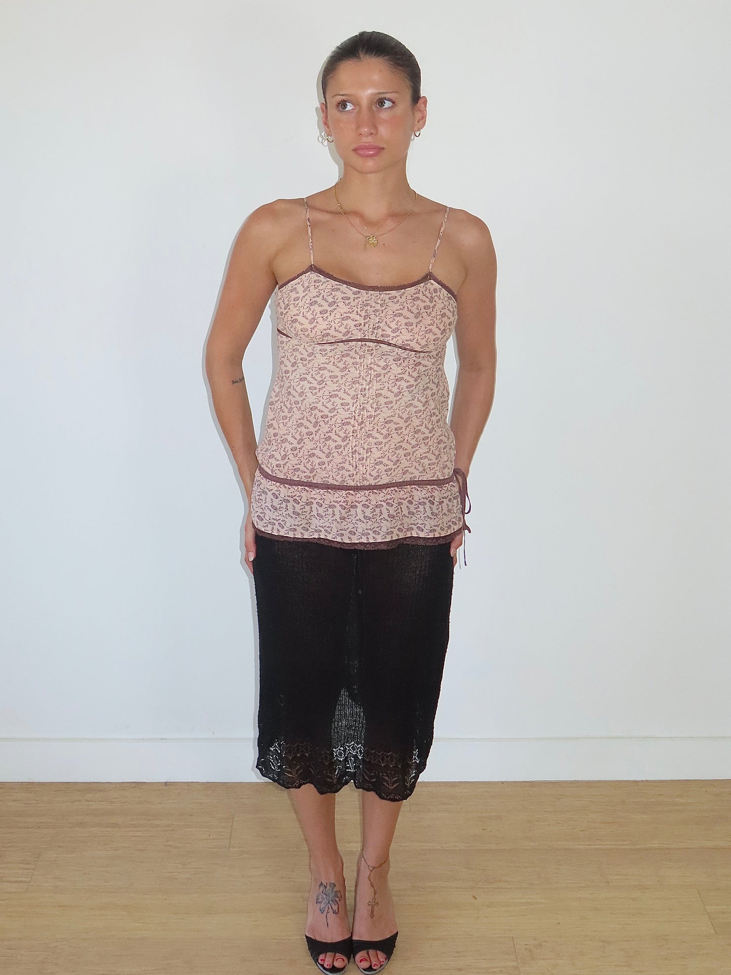 ETAM FLORAL LACE TRIM TIE SIDE CAMISOLE / UK 8