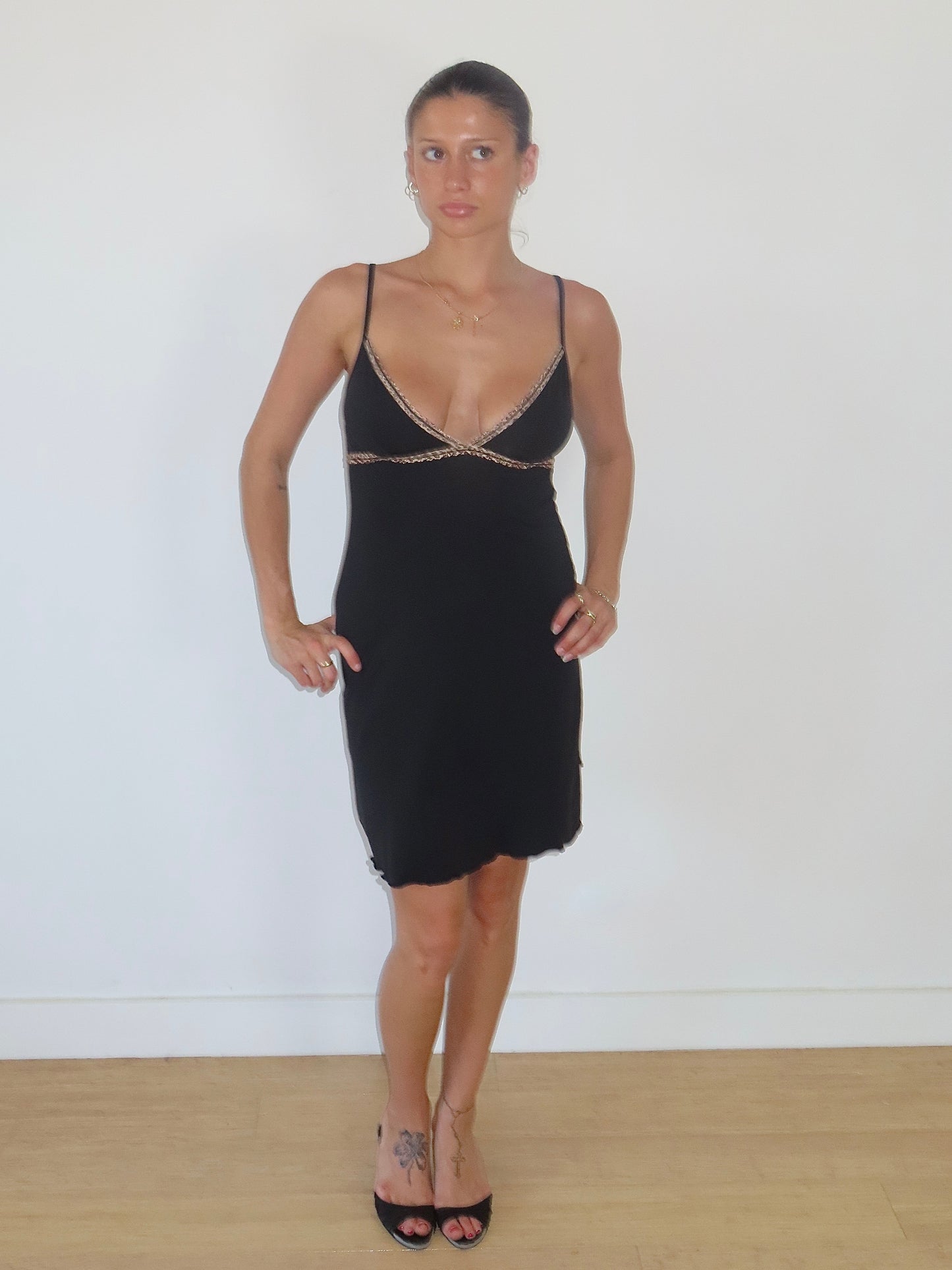 ORCANTA BLACK SLIP MIDI WITH CHEETAH TRIM / ESTIMATED SMALL