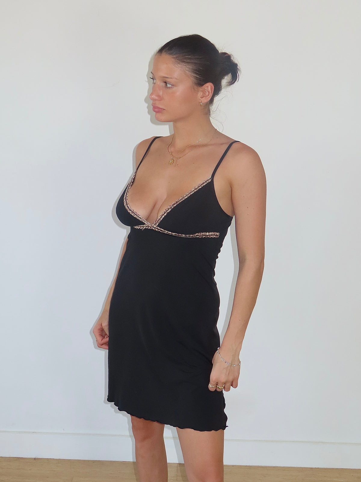 Orcanta ORCANTA BLACK SLIP MIDI WITH CHEETAH TRIM / ESTIMATED SMALL – SLAG TAGS