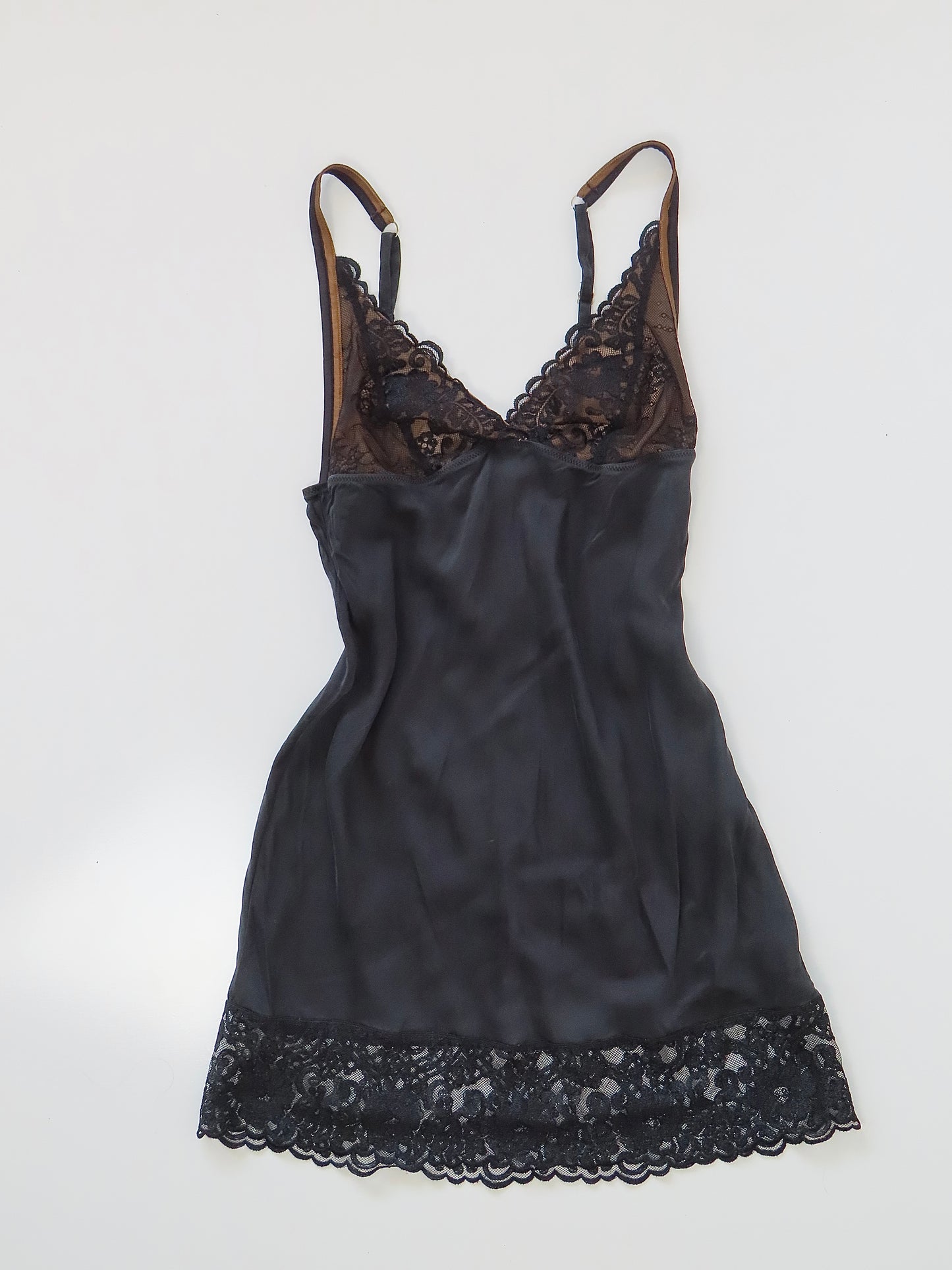 AITIO BLACK LACE TRIM SILK SLIP MINI DRESS WITH SHEER BUST PANEL / IT. SMALL