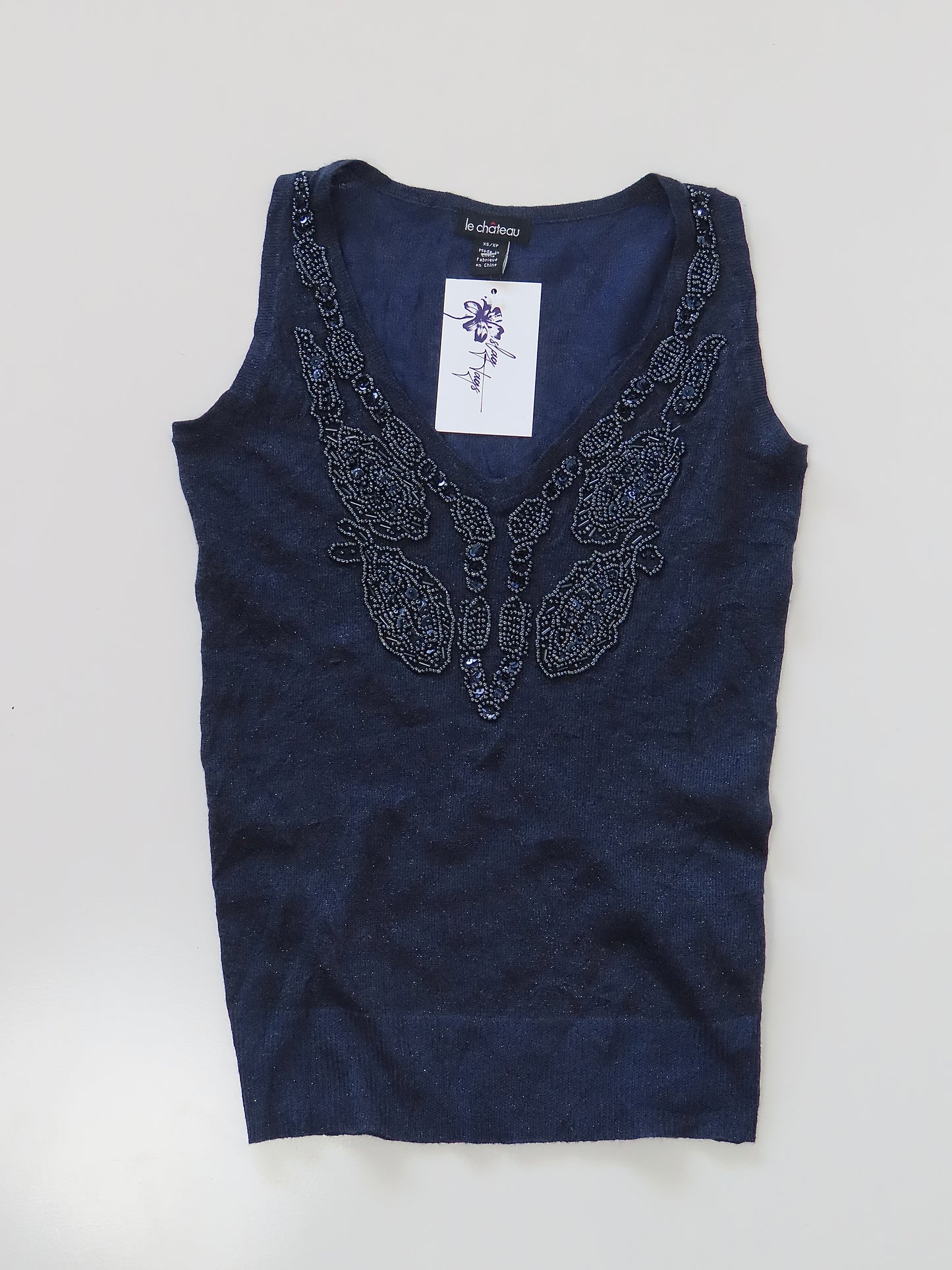 LE CHATEAU NAVY V NECK BEADED TANK WITH BUTTERFLY MOTIF / XS